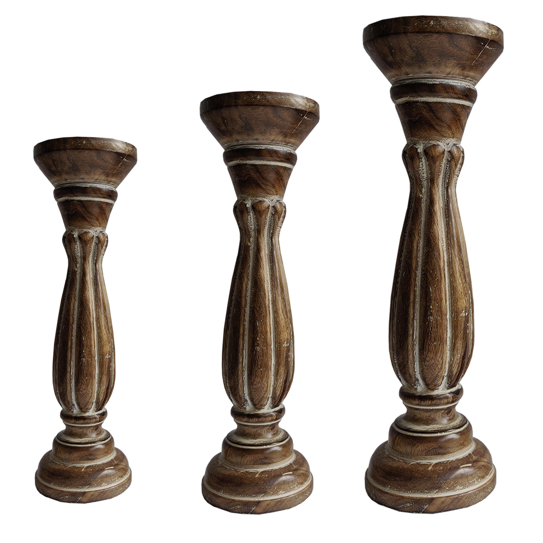 Handmade Wooden Candle Holder with Pillar Base Support, Distressed Brown, Set of 3--1