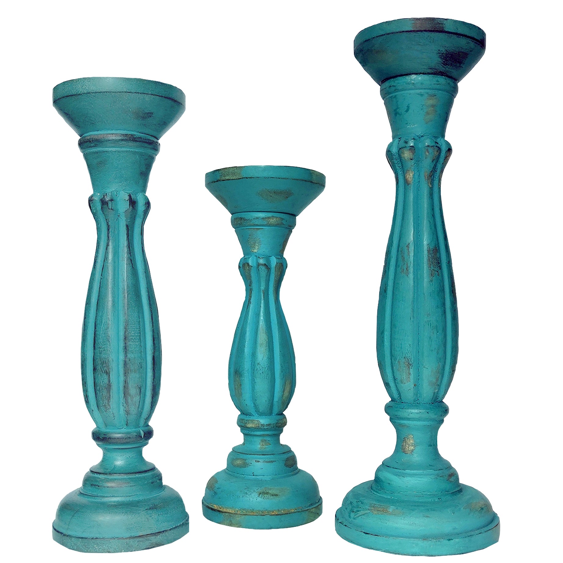 Handmade Wooden Candle Holder with Pillar Base Support, Turquoise Blue, Set of 3--1