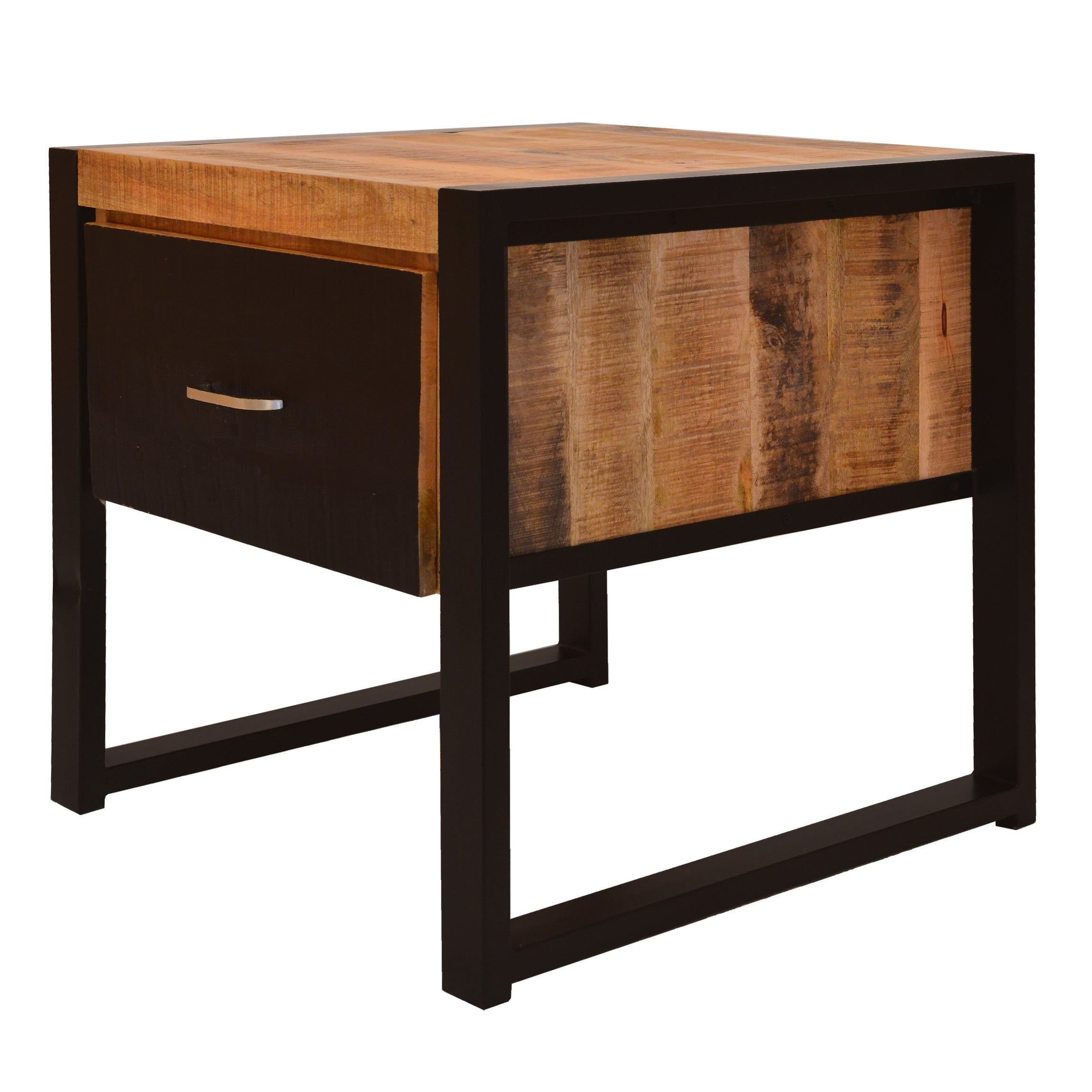 24 Inch Single Drawer Mango Wood Bedside Table, Iron Sled Style Base, Brown, Black--1