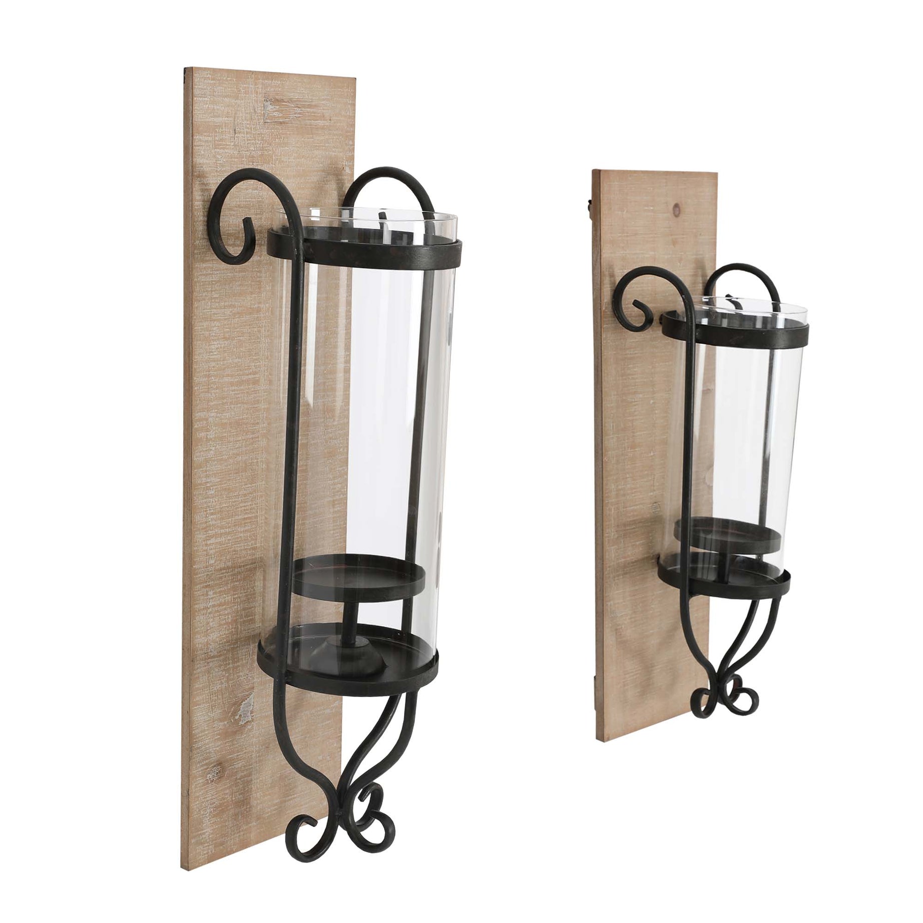 21 Inch Industrial Wall Mount Wood Candle Holder With Glass Hurrican, Set of 2, Black--1