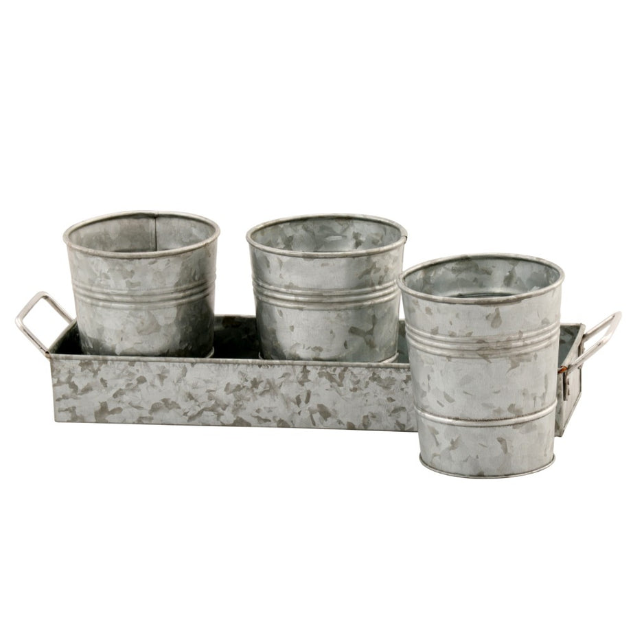 Galvanized Set of Three Planters With Tray, Gray--1