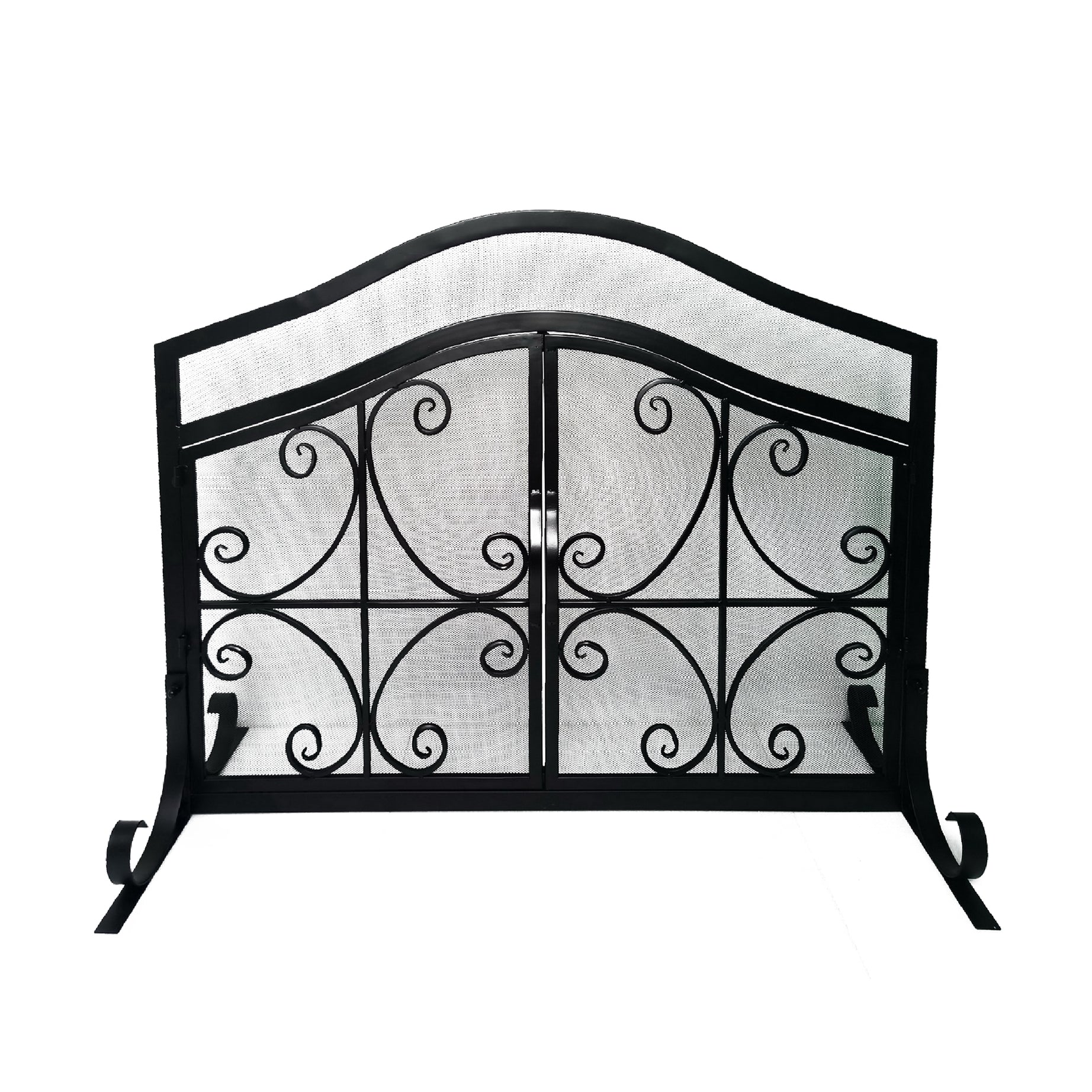 43 Inches 2 Door Iron Fireplace Screen, Mesh Design, Scrollwork, Black--1