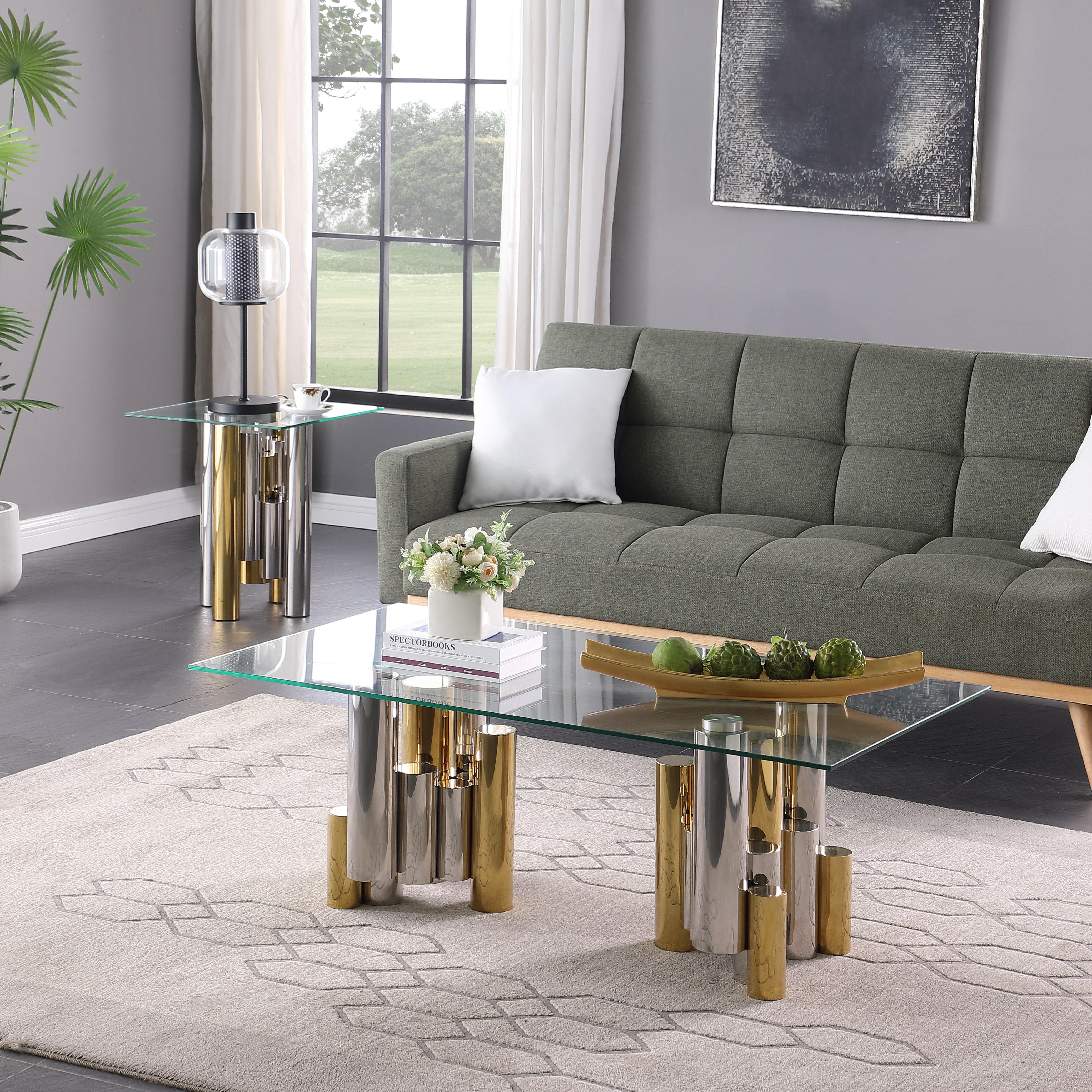 Stainless Steel Rectangular Accent Glass Coffee Table for Living Room- 48" Modern Sleek Center Table Table with Clear Tempered Glass--1