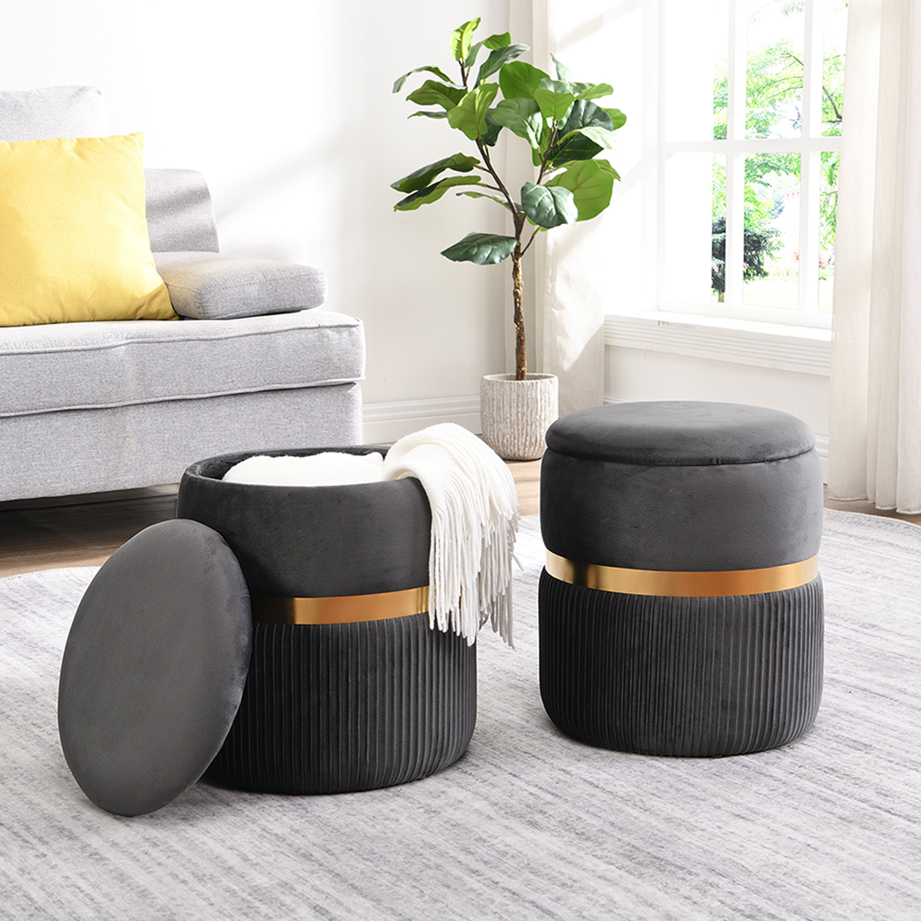 Techni Mobili Modern Velvet Round Ottoman with Storage, Grey--1