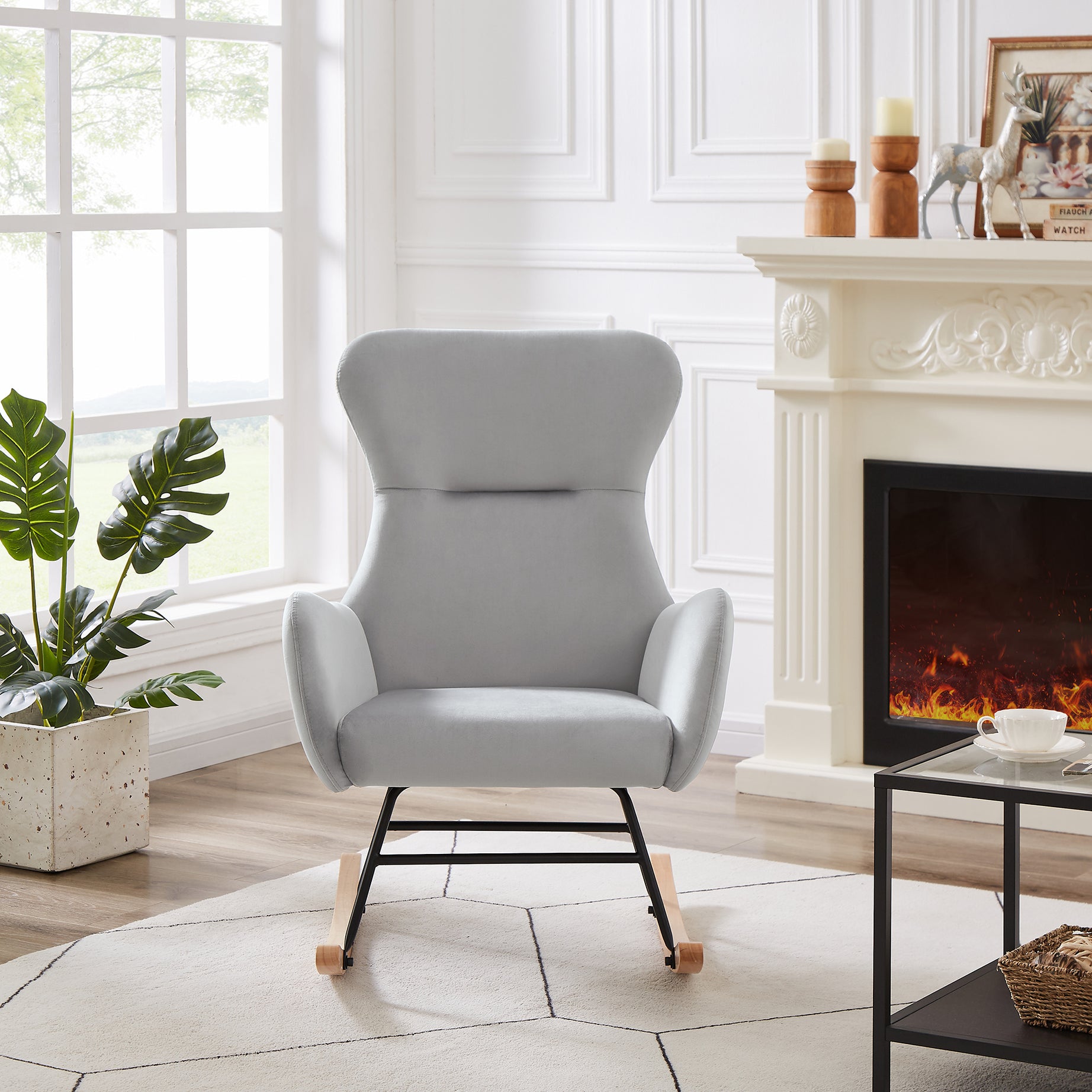 Grey velvet rocking chair--1