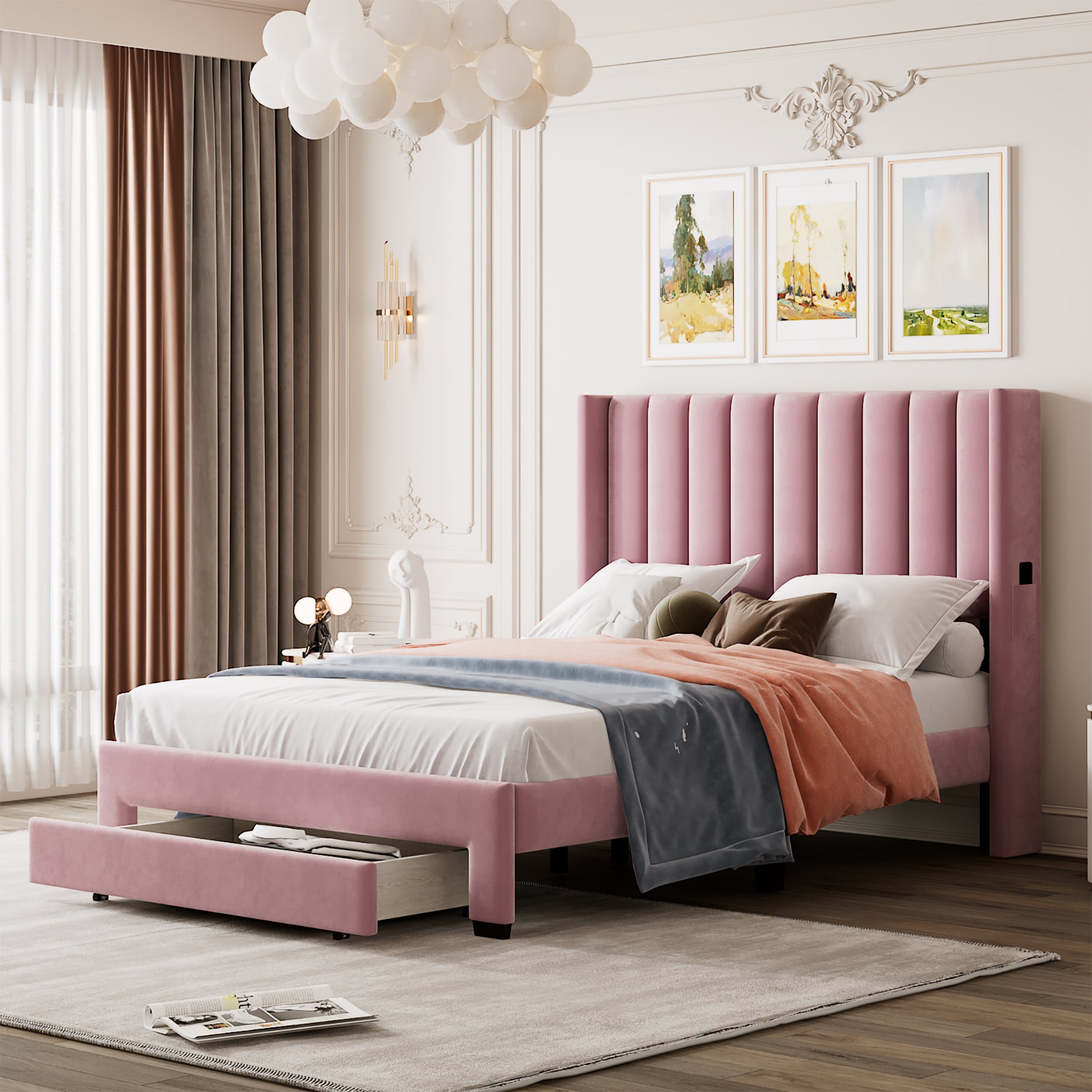 Full Size Storage Bed Velvet Upholstered Platform Bed with a Big Drawer - Pink--1