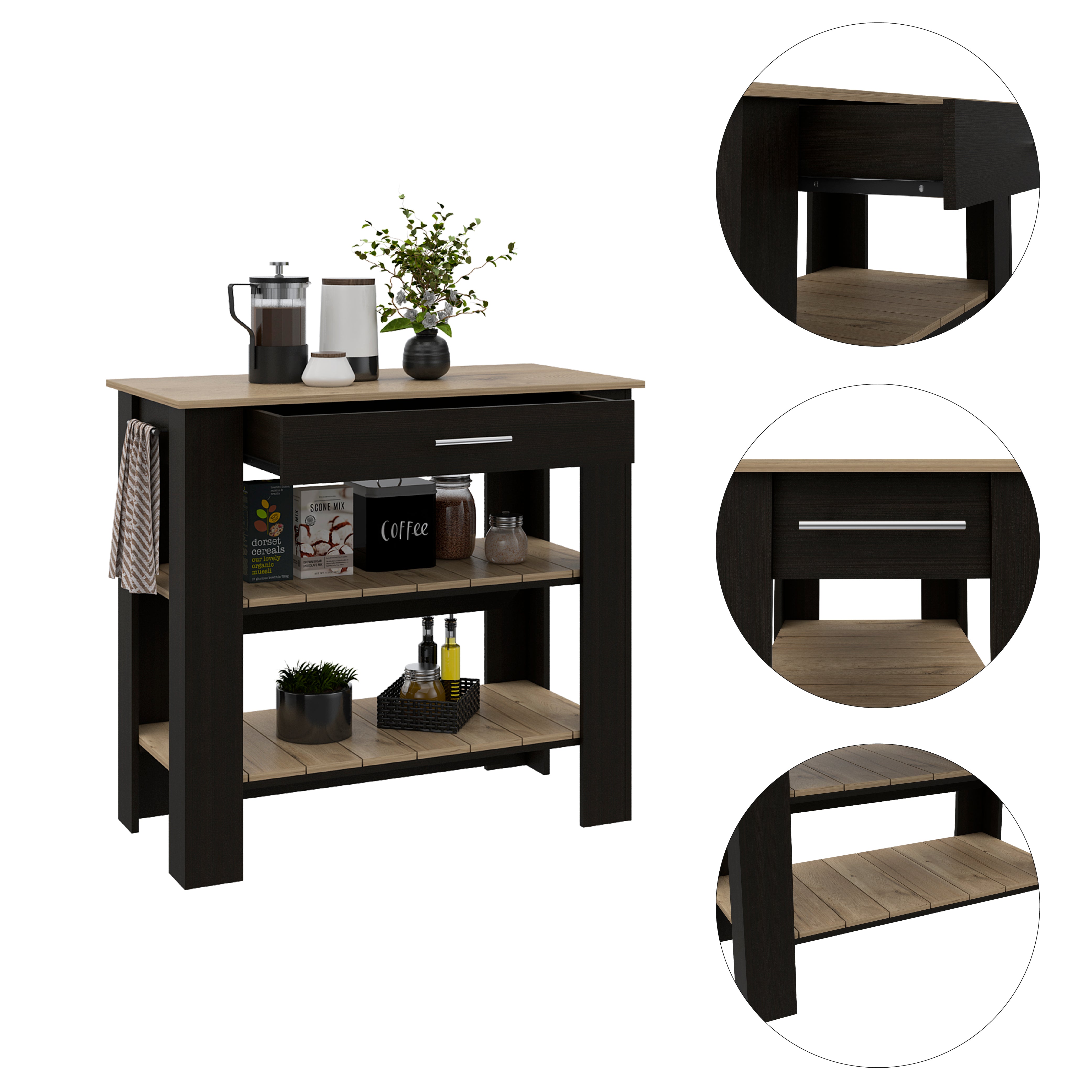 Rockaway 1-Drawer 2-Shelf Kitchen Island Black Wengue and Light Oak--3