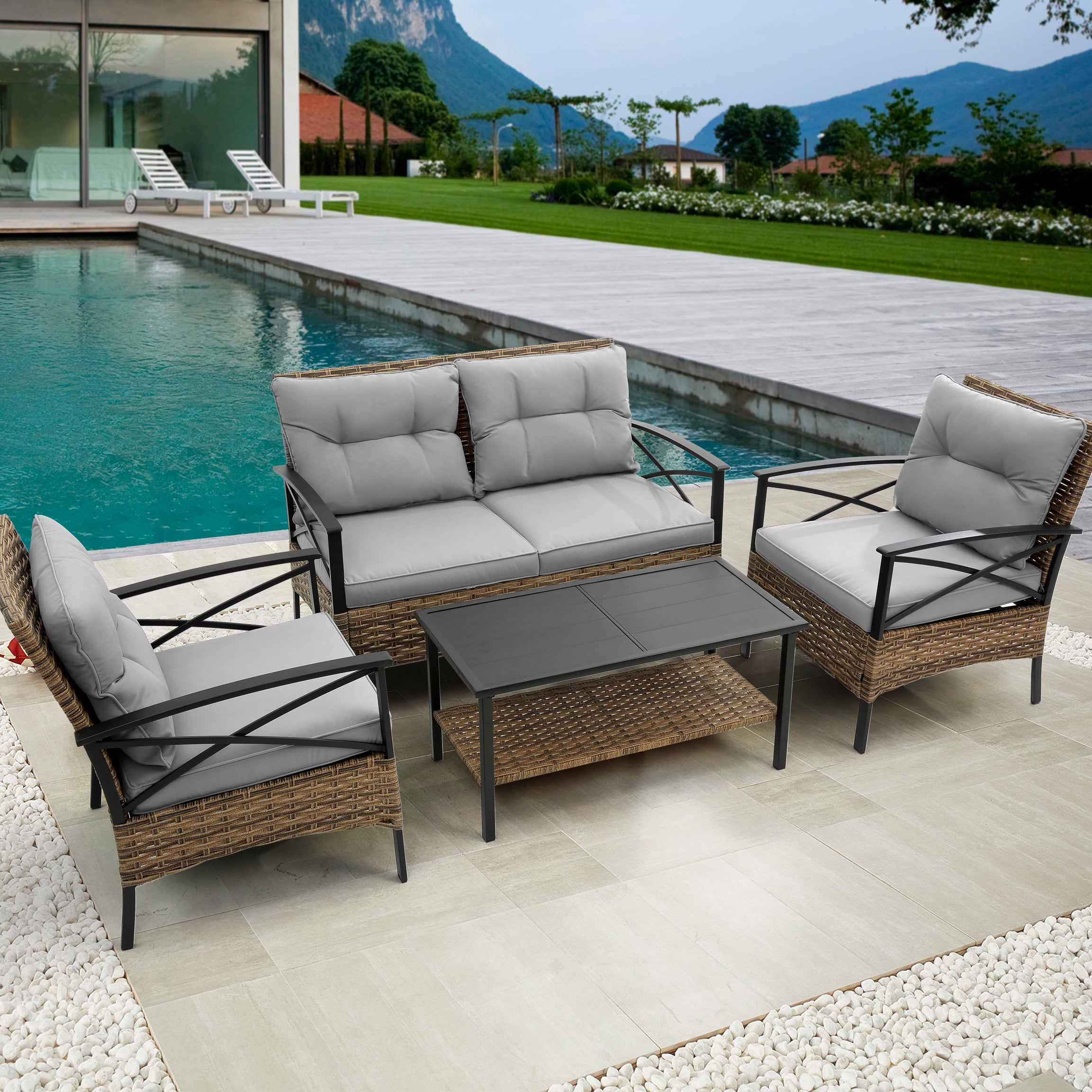 Patio 4 piece sectional low dining conversation sofa set- KD rattan wicker outdoor garden furniture corner sofa set with cushion.--1