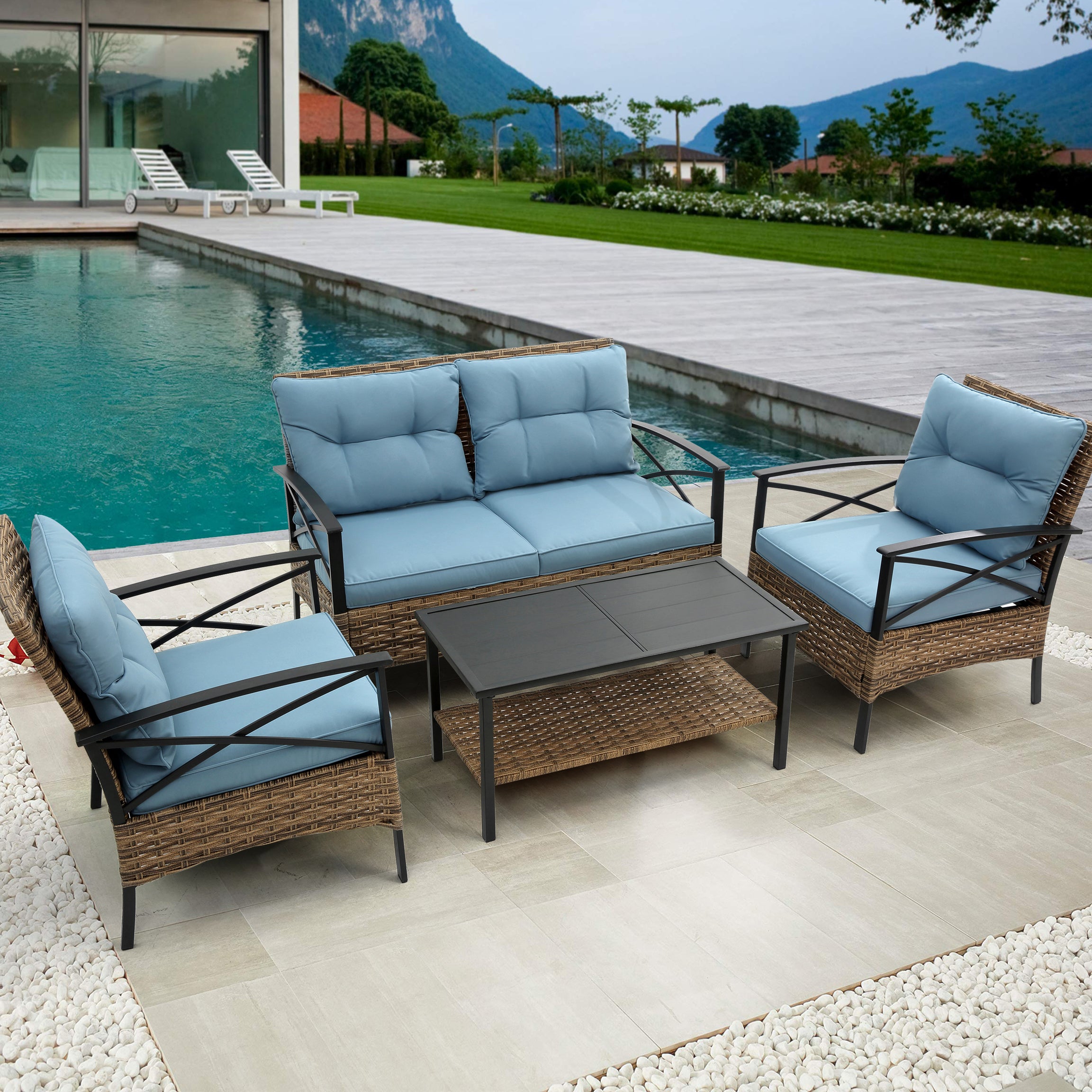 Patio 4 piece sectional low dining conversation sofa set- KD rattan wicker outdoor garden furniture corner sofa set with cushion.--1