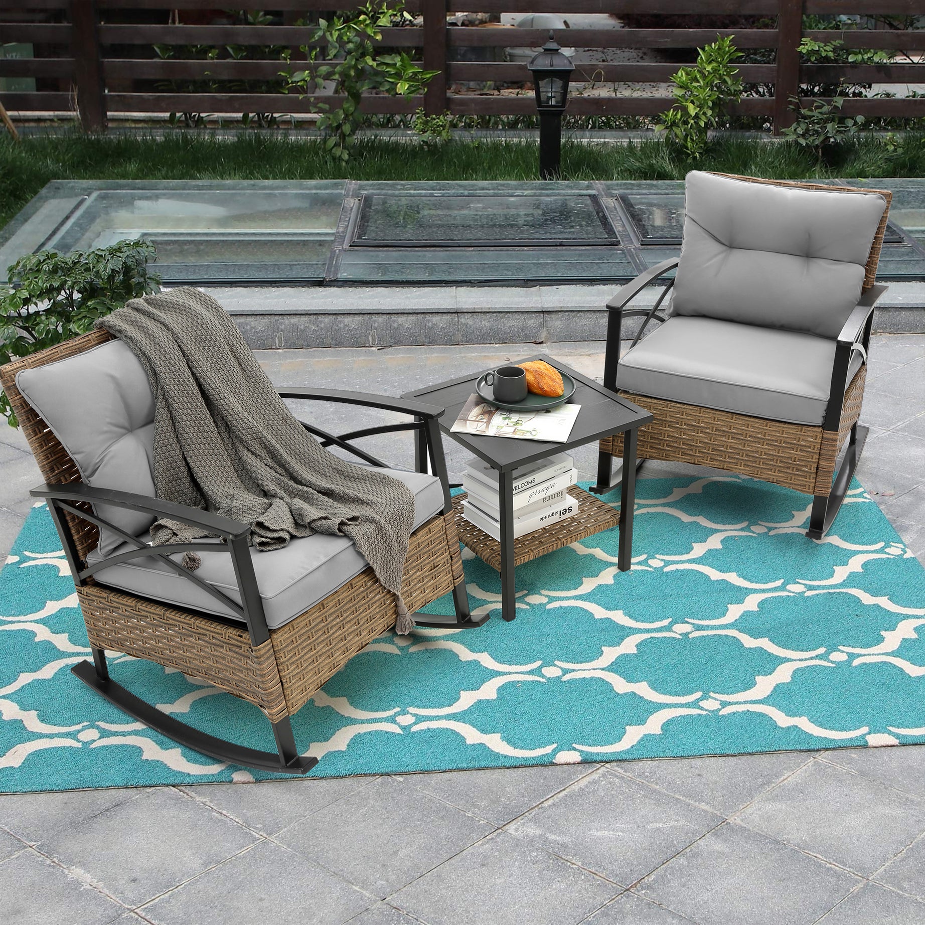 3pcs rocking rattan set wholesale leisure chair outdoor rattan rocking chair set grey--1