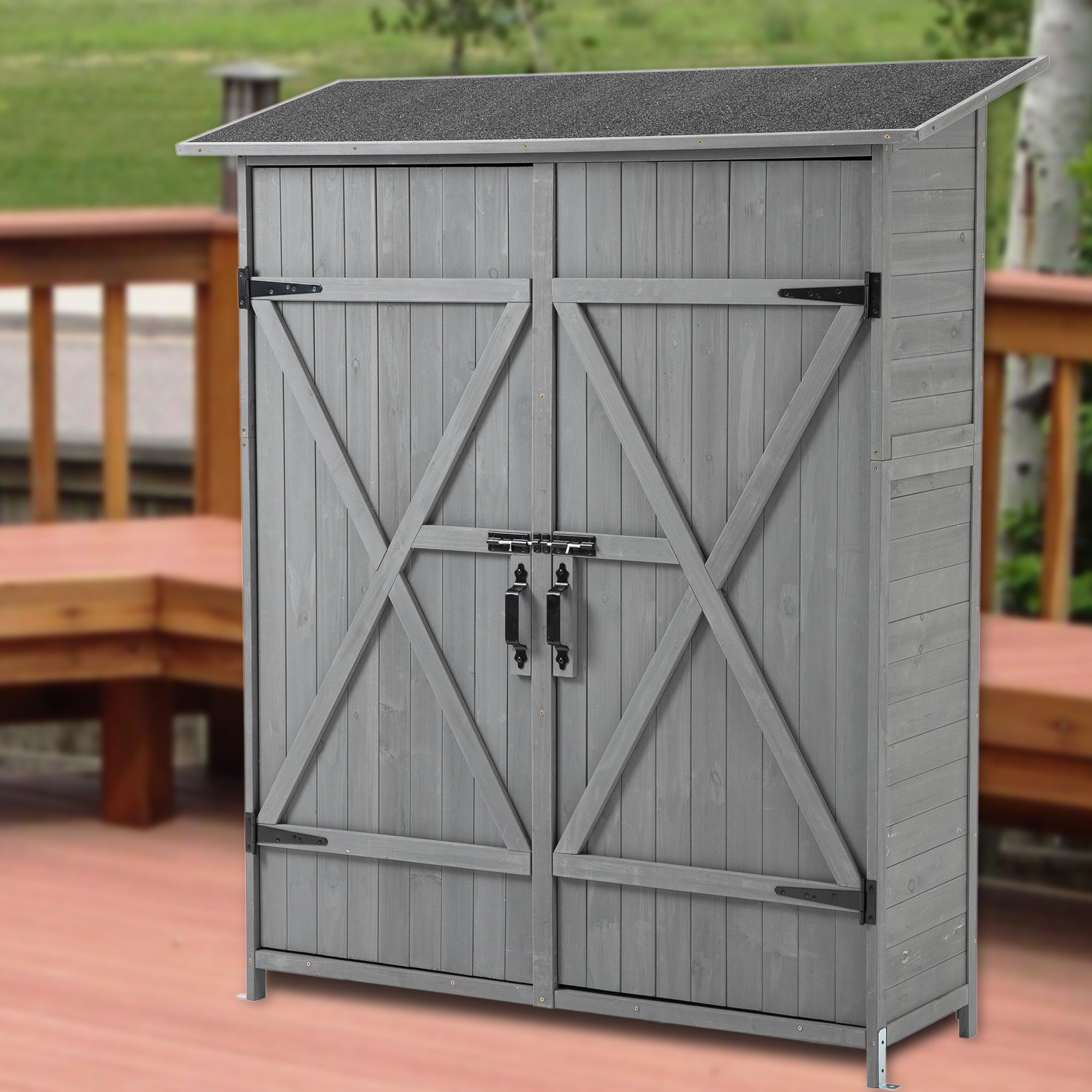 56"L x 19.5"W x 64"H Outdoor Storage Shed with Lockable Door, Wooden Tool Storage Shed w/Detachable Shelves & Pitch Roof,Gray--1