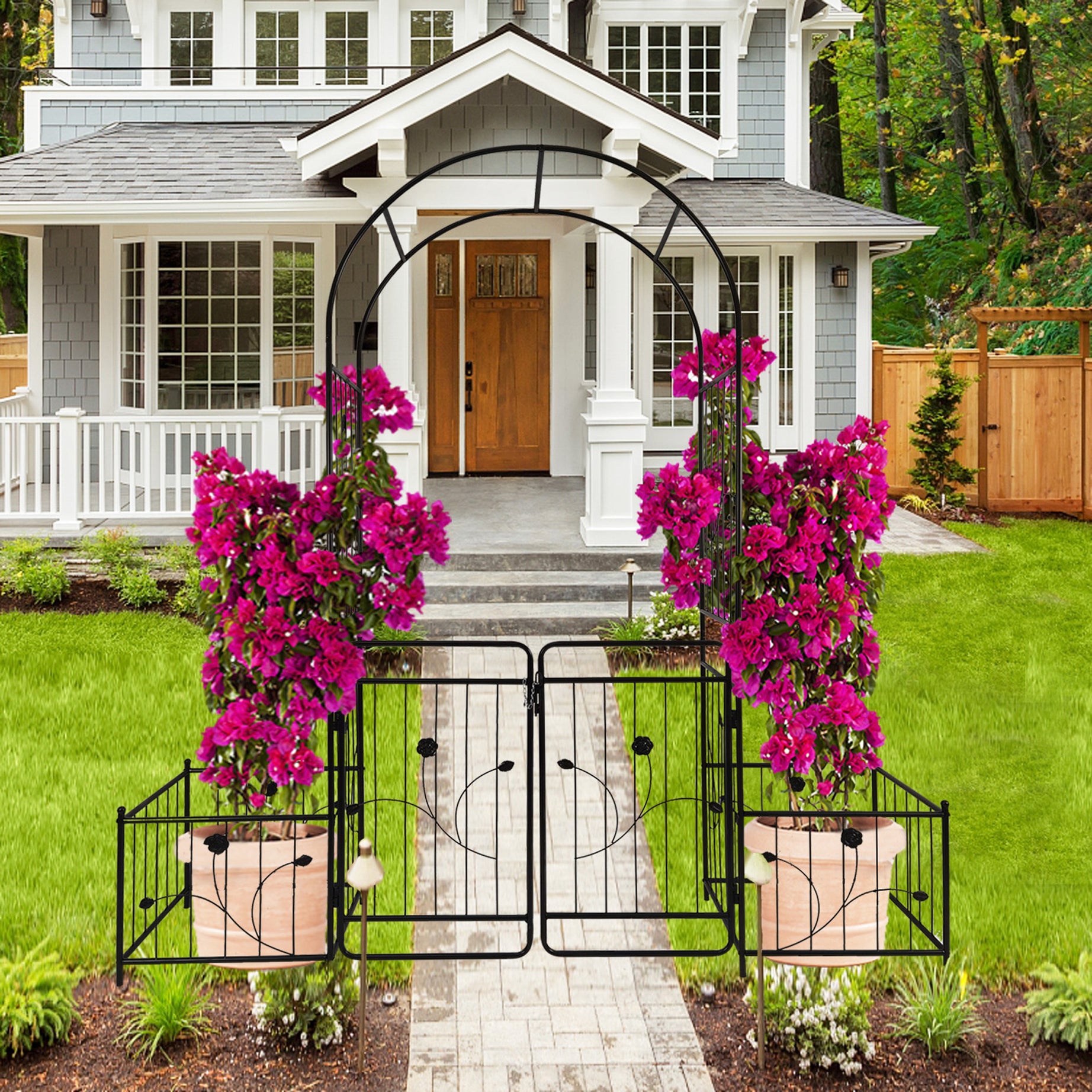 Metal Garden Arch with Gate 79.5'' Wide x 86.6'' High Climbing Plants Support Rose Arch Outdoor Black--1