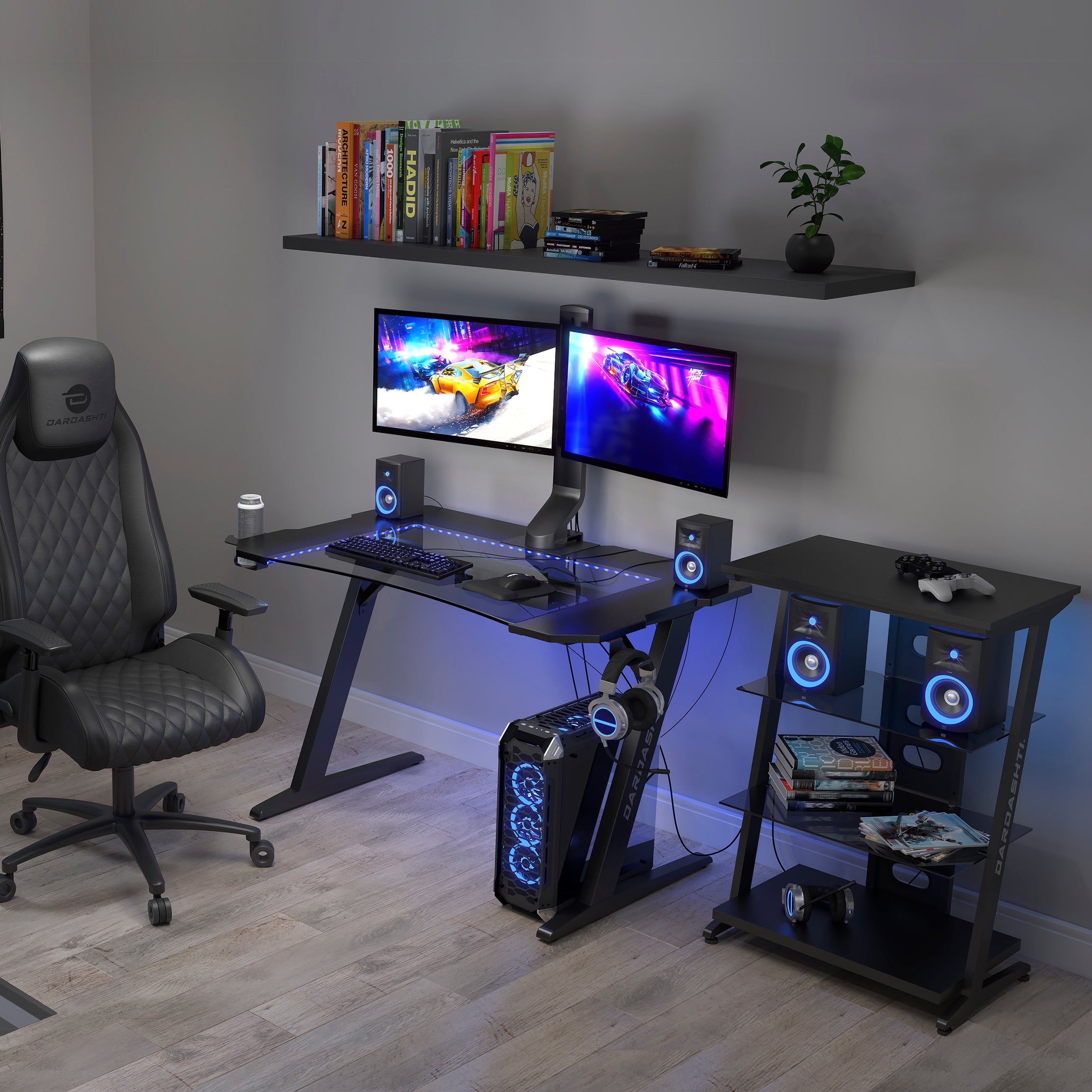 Gaming Desk, Steel Legs, Multicolored LED Lights, Cup Holder, 3 USB Ports, Tempered Glass Accent in Black--1