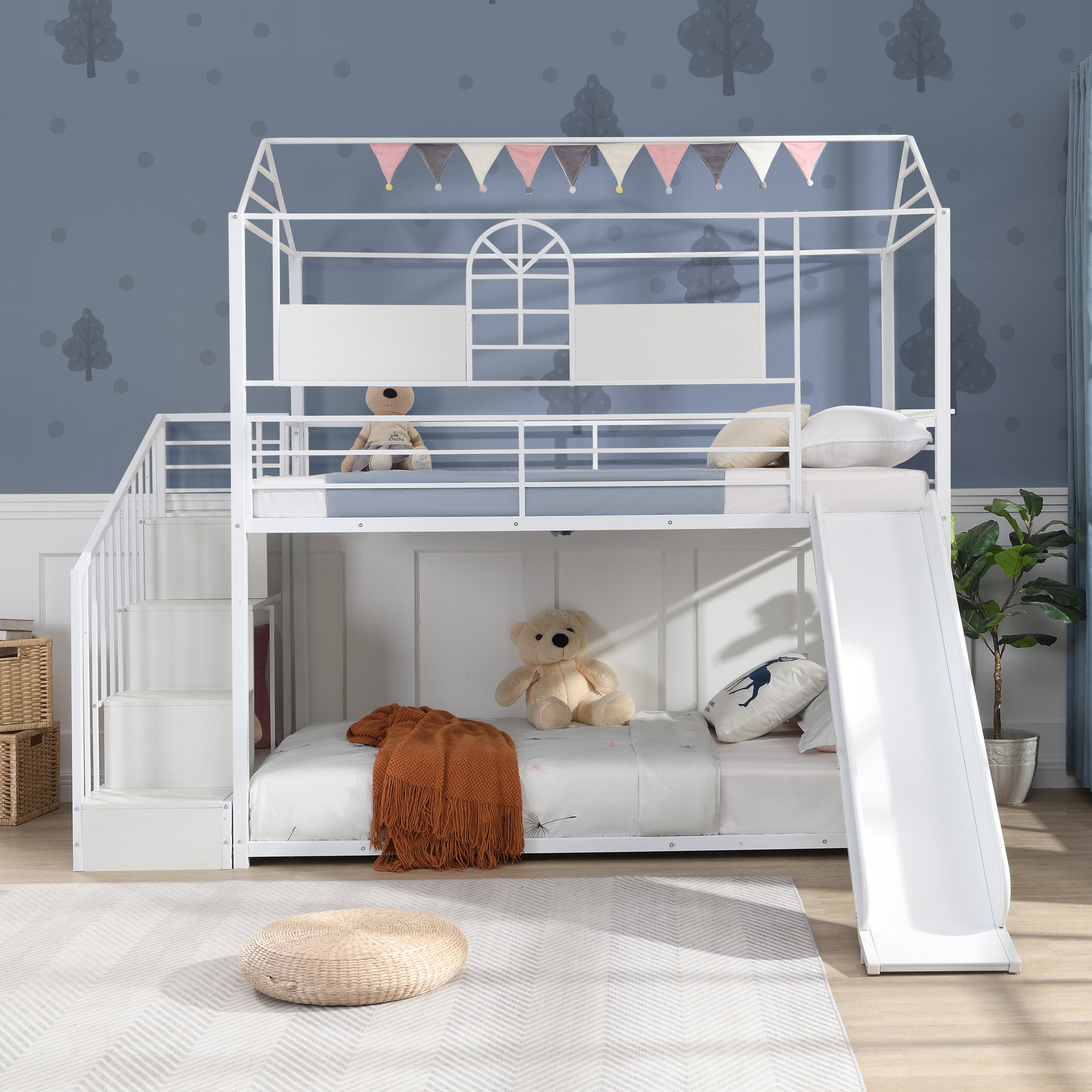 Metal bunk bed with slide and steps--1