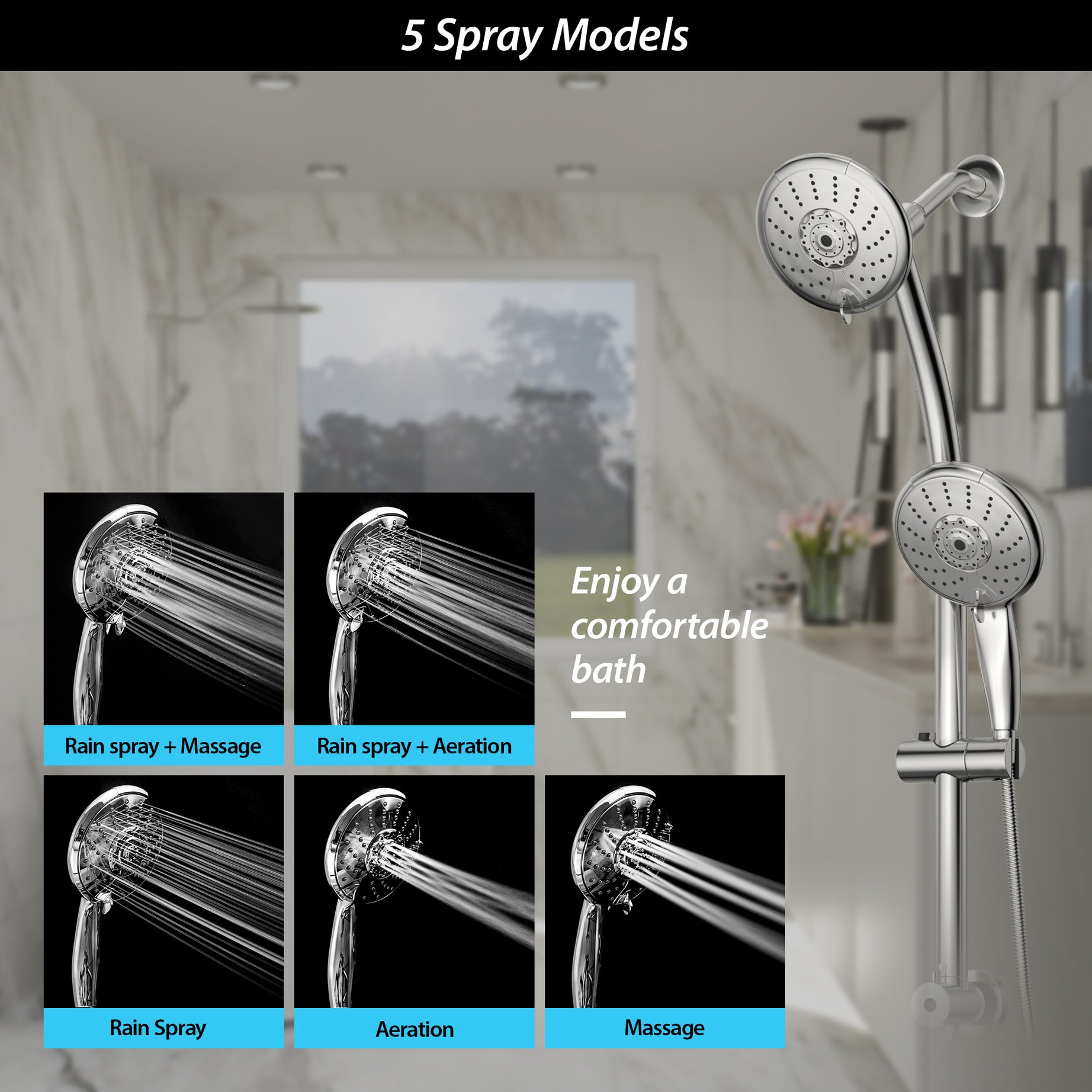 5" Multi Function Dual Shower Head, with Adjustable Slide Bar,Chrome--1