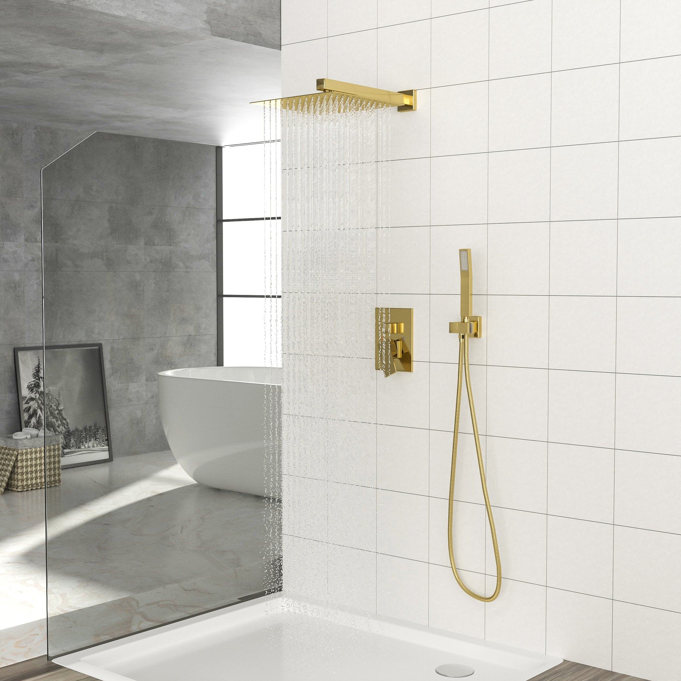 Dual Shower Head - 10 Inch Wall Mounted Square Shower System with Rough-in Valve,Gold--1