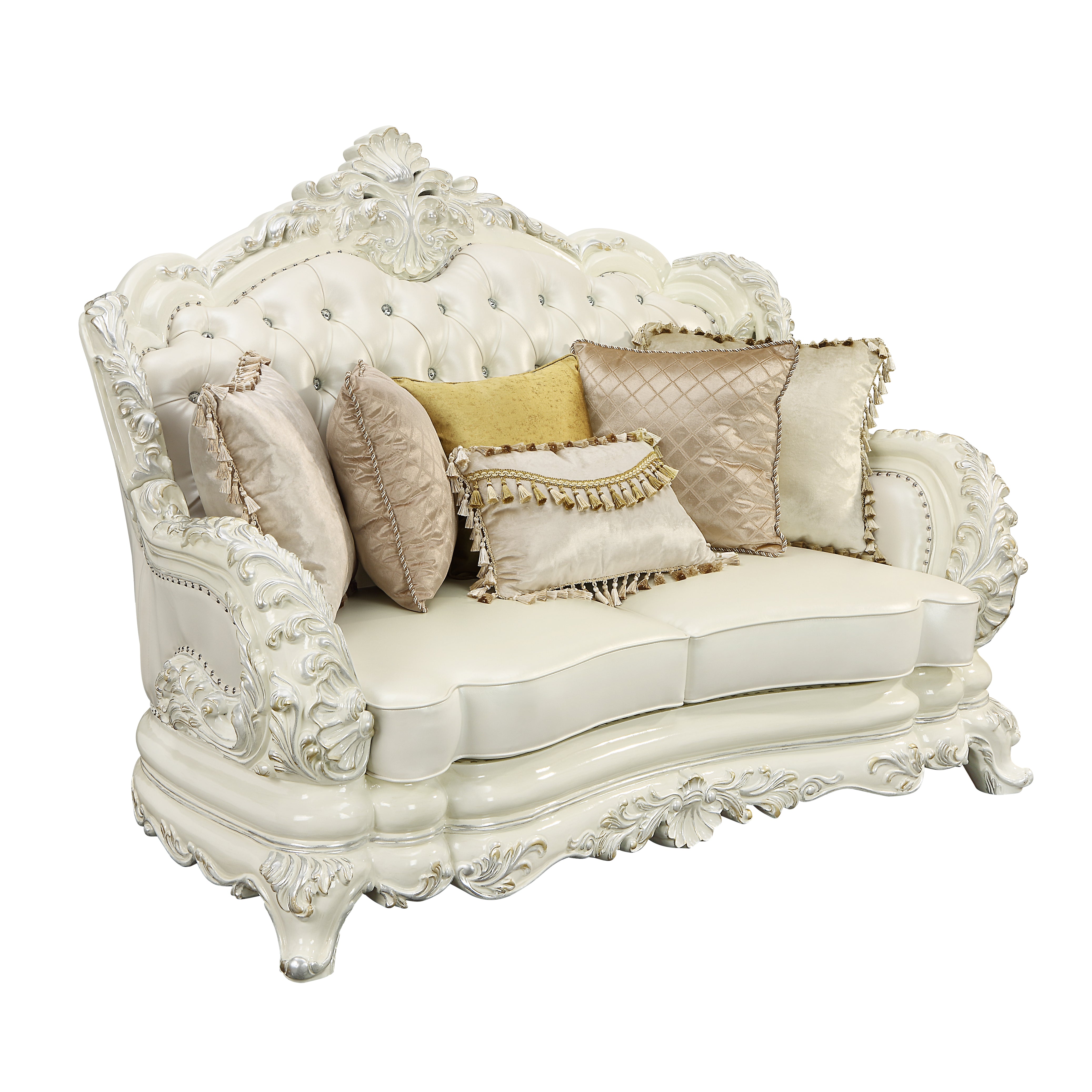 ACME Adara LOVESEAT W/5 PILLOWS Pearl White PU & Antique White Finish LV01225--1