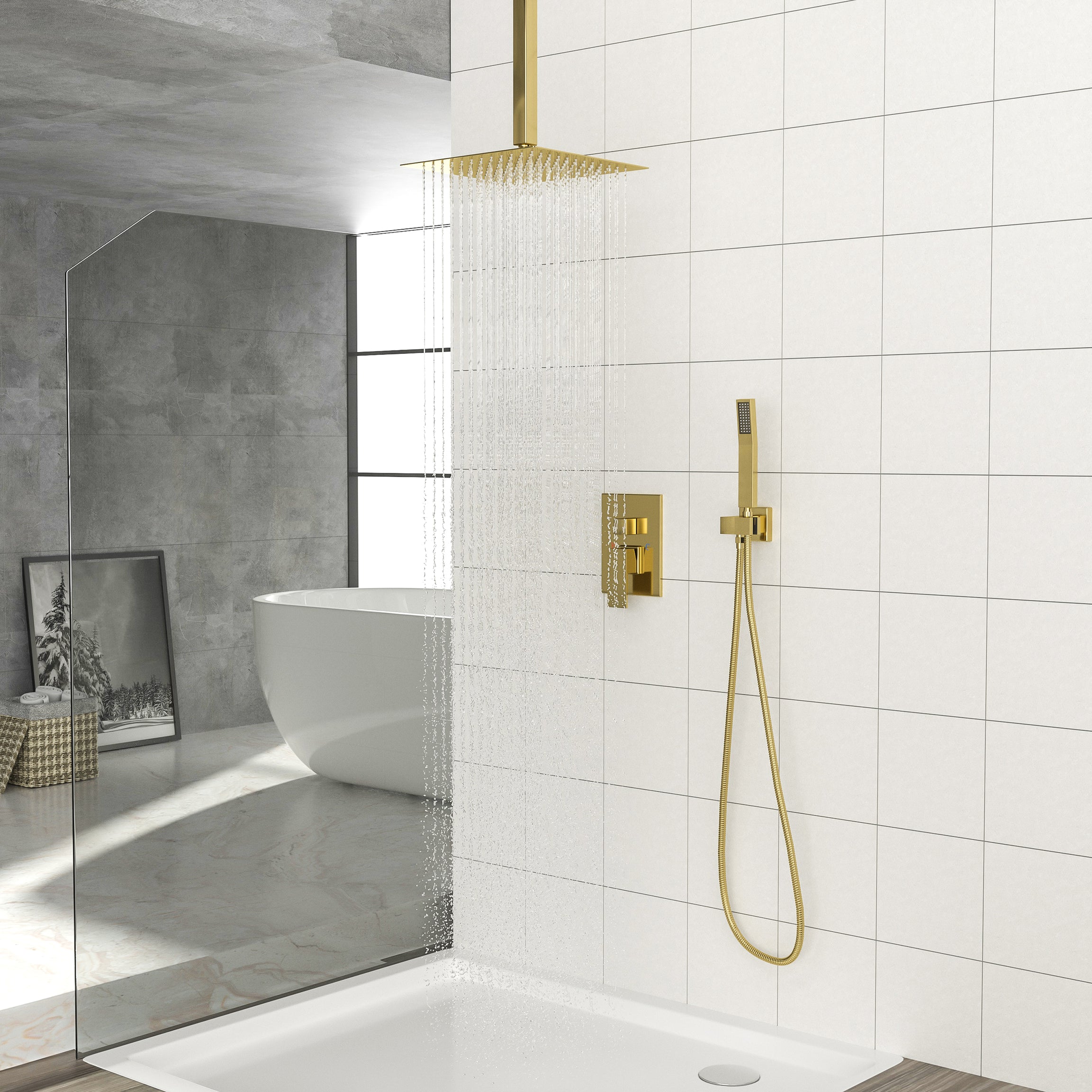 Dual Shower Head - 10 Inch Ceiling Mount Square Shower System with Rough-in Valve, Gold--1