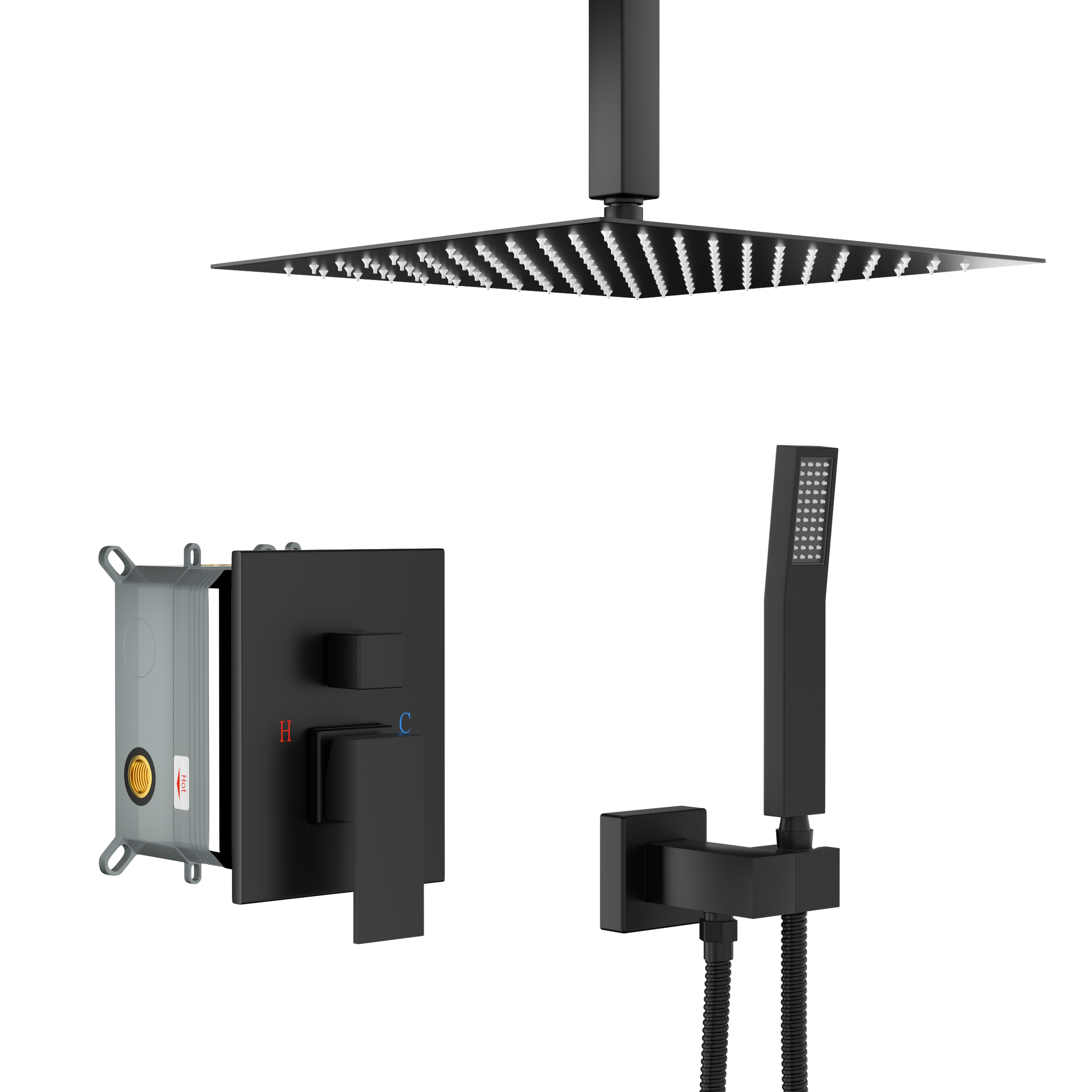 Dual Shower Head - 16 Inch Ceiling Mount Square Shower System with Rough-in Valve, Matte black--1