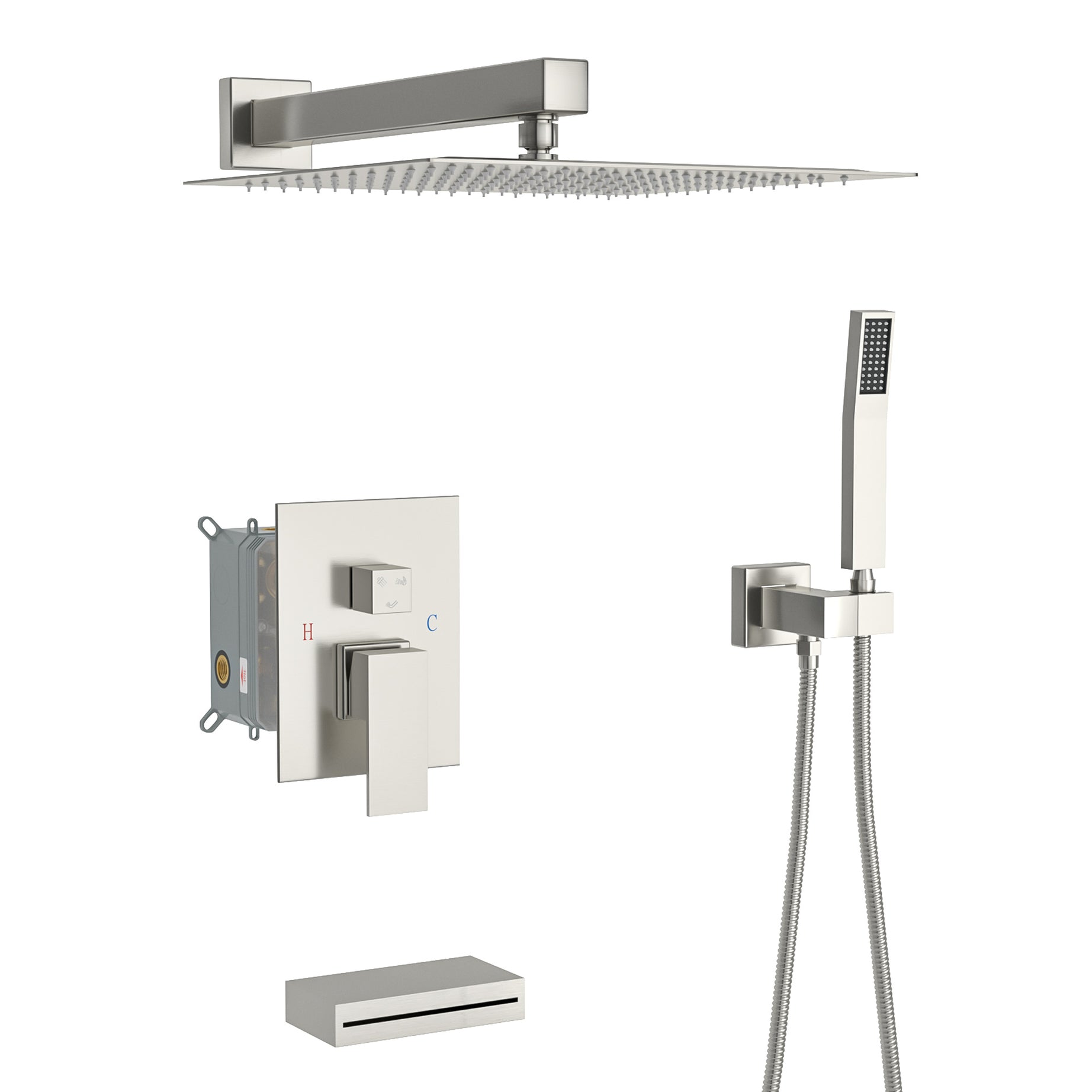 Shower System with Waterfall Tub Spout,12 Inch Wall Mounted Square Shower System with Rough-in Valve, Brushed Nickel--1