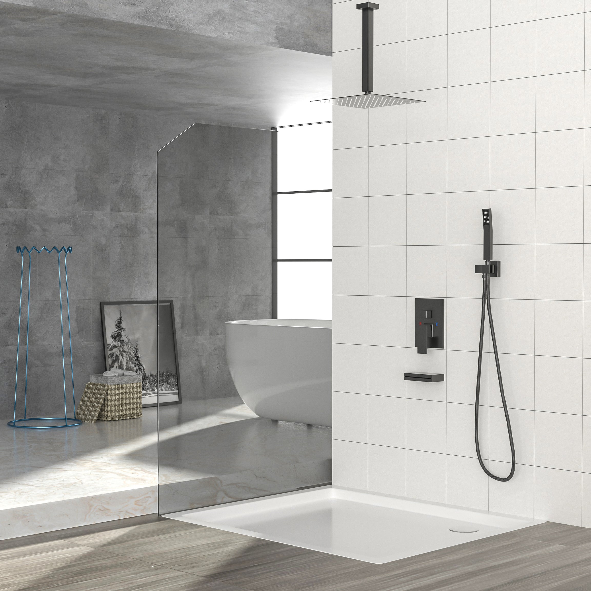 Shower System with Waterfall Tub Spout,12 Inch Ceiling Mount Square Shower System with Rough-in Valve,Matte black--2