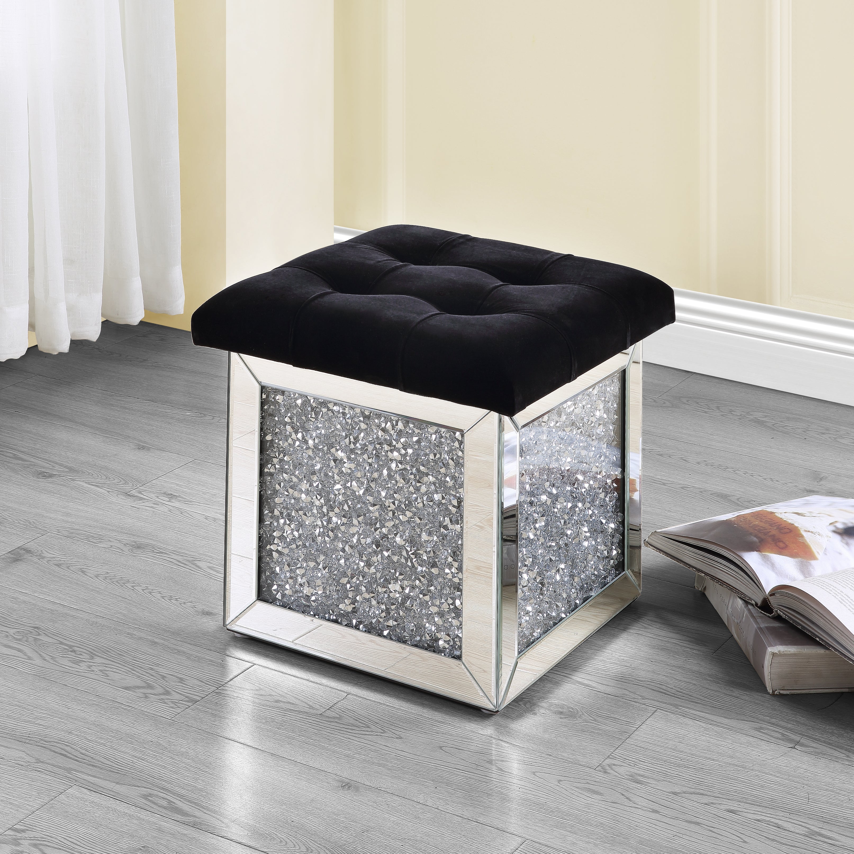 ACME Noralie OTTOMAN W/STORAGE Mirrored & Faux Diamonds AC00530--1