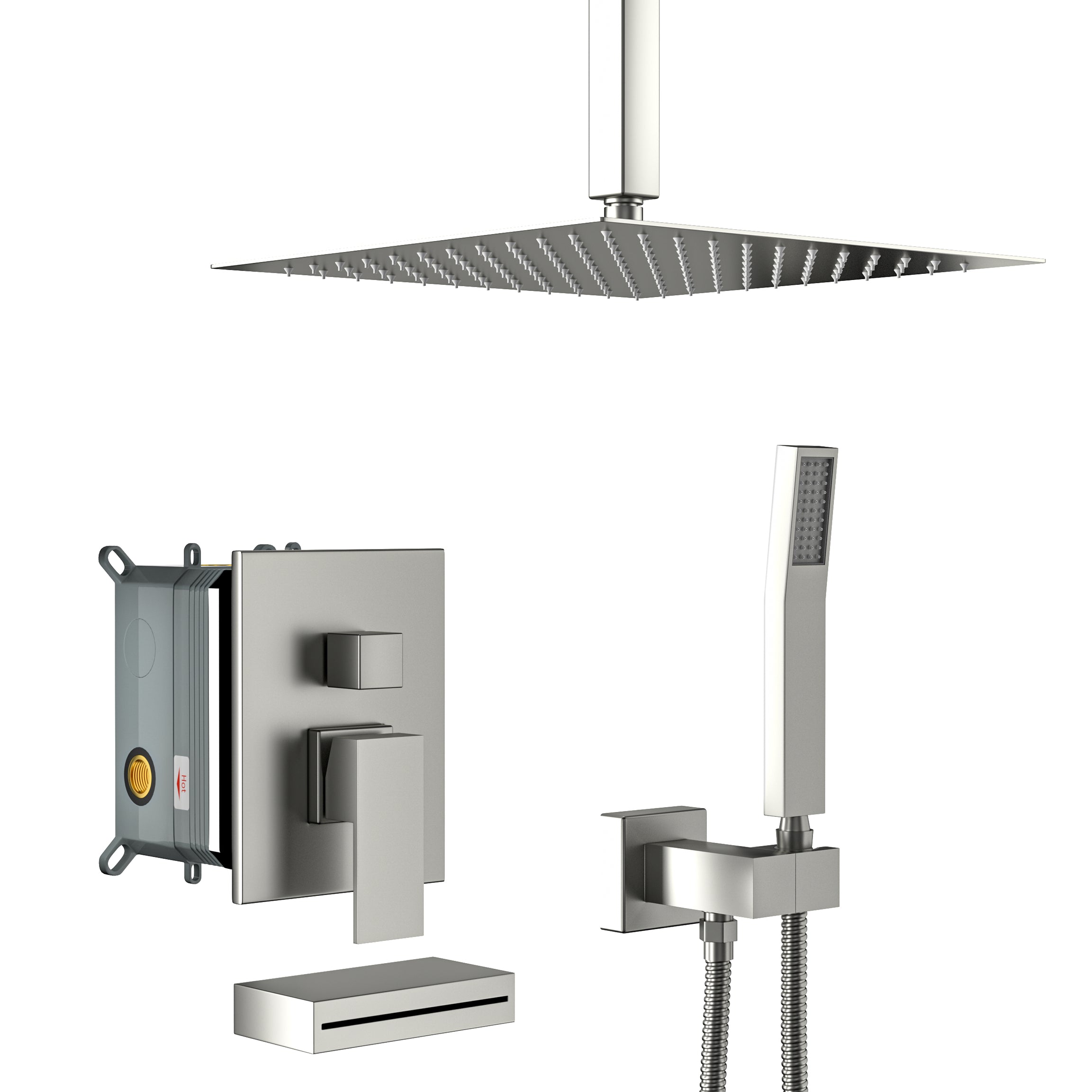 Shower System with Waterfall Tub Spout,12 Inch Ceiling Mount Square Shower System with Rough-in Valve, Brushed Nickel--1