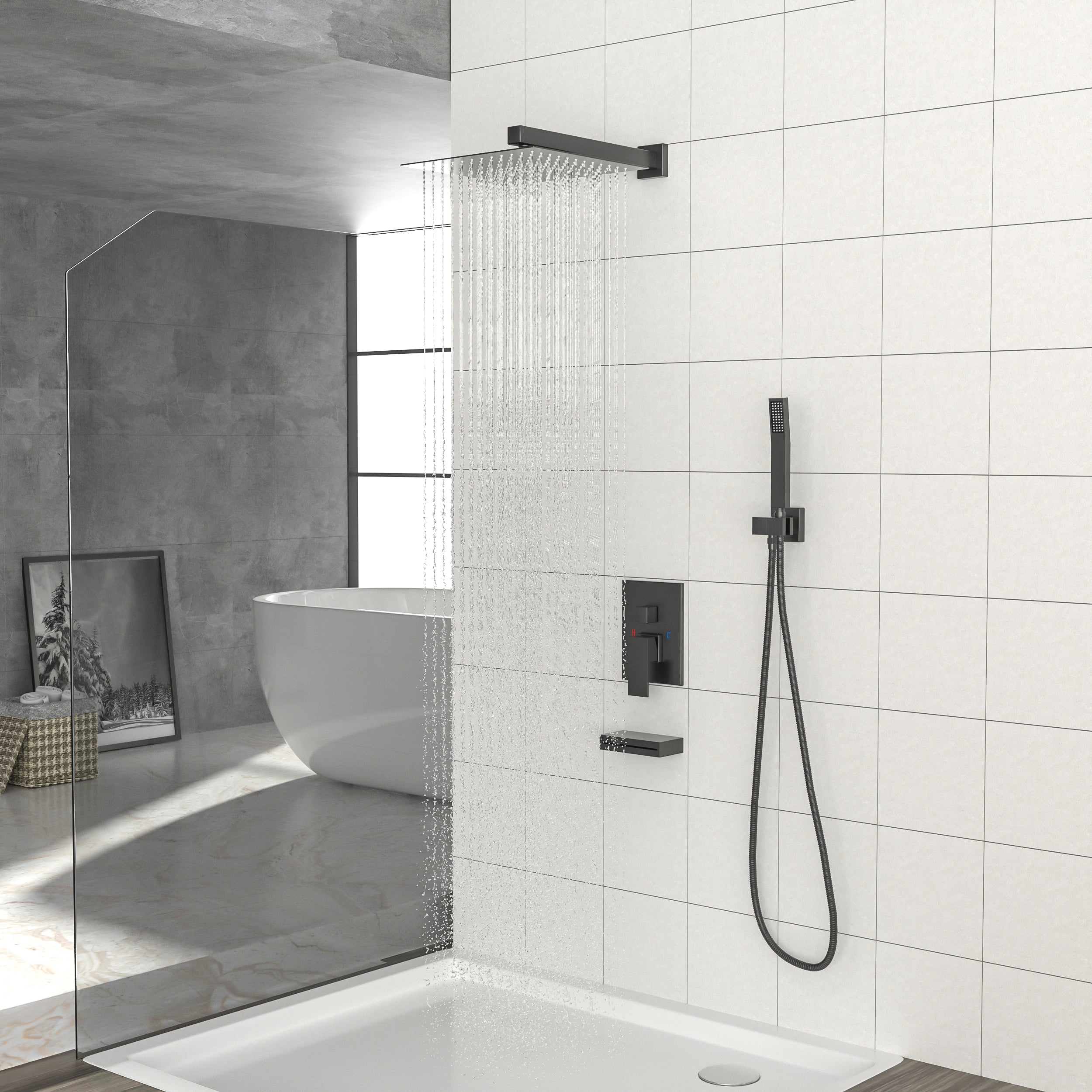 Shower System with Waterfall Tub Spout,12 Inch Wall Mounted Square Shower System with Rough-in Valve,Matte black--1