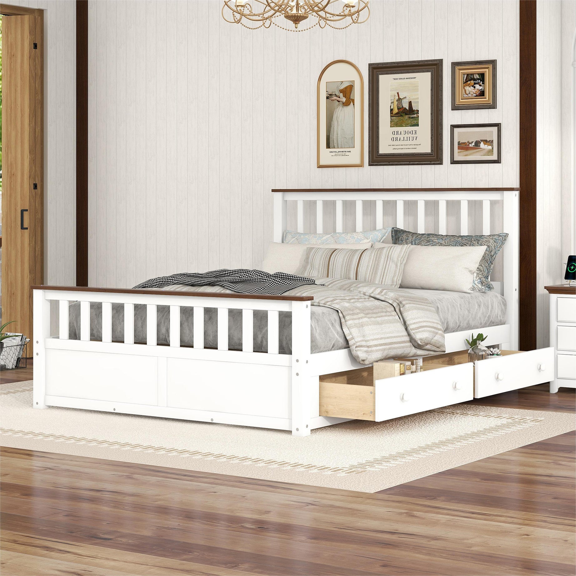 Queen Size Wood Platform Bed with Two Drawers and Wooden Slat Support,White+walnut--1