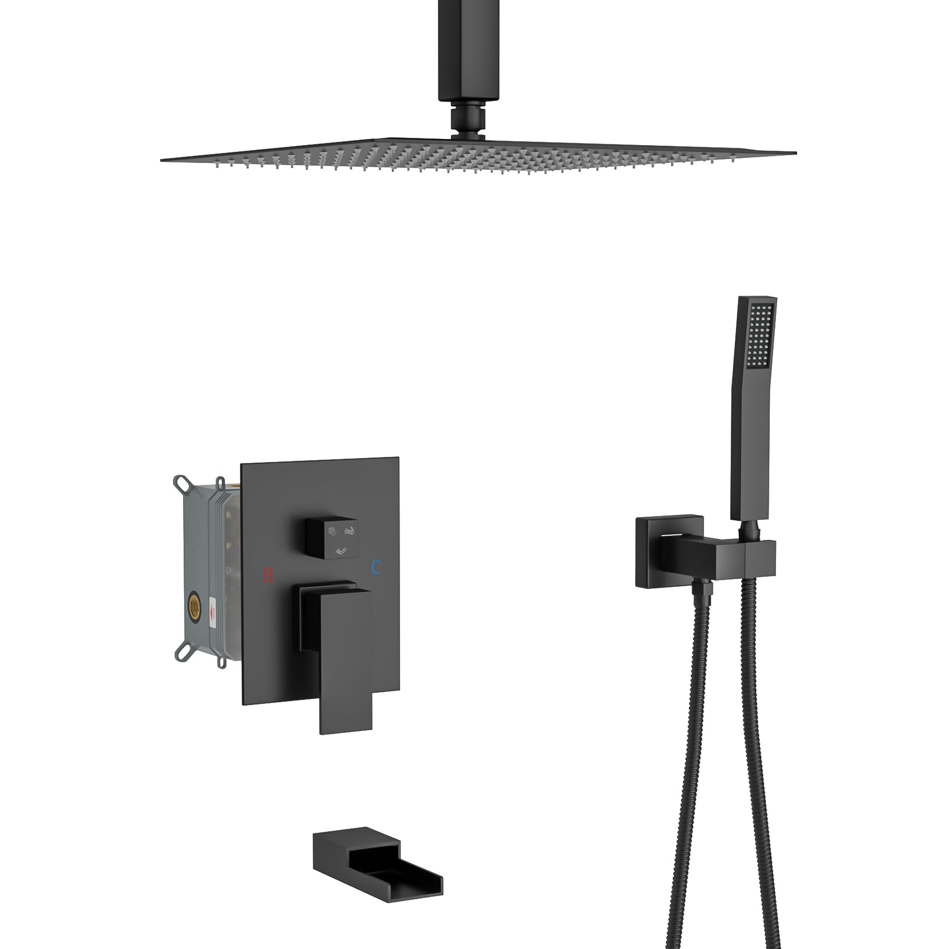 Shower System with Waterfall Tub Spout,12 Inch Ceiling Mount Square Shower System with Rough-in Valve,Matte black--1