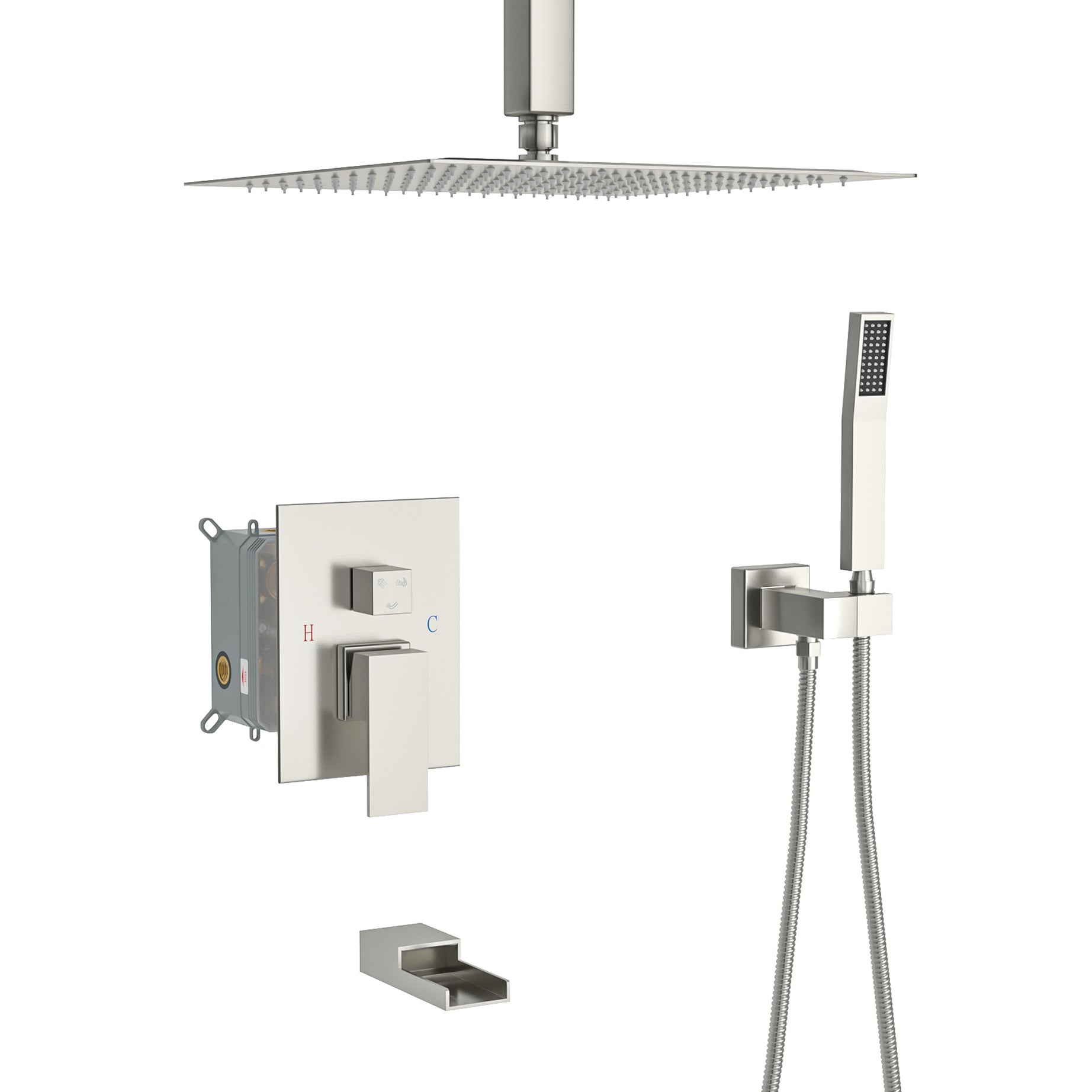 Shower System with Waterfall Tub Spout,12 Inch Ceiling Mount Square Shower System with Rough-in Valve, Brushed Nickel--1