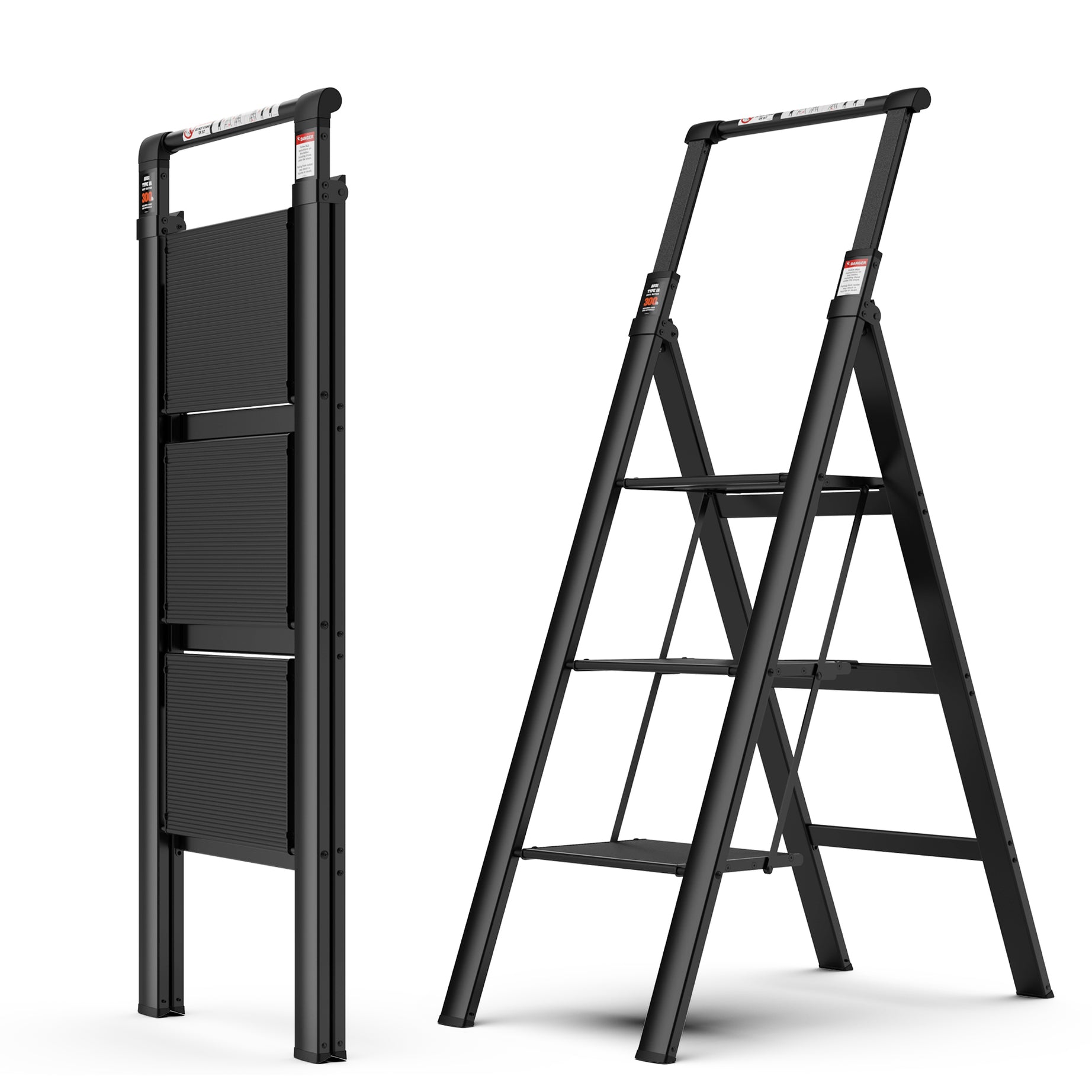 3 Step Ladder, Retractable Handgrip Folding Step Stool with Anti-Slip Wide Pedal, Aluminum Stool Ladders 3 Steps, 300lbs Safety Household Ladder--1