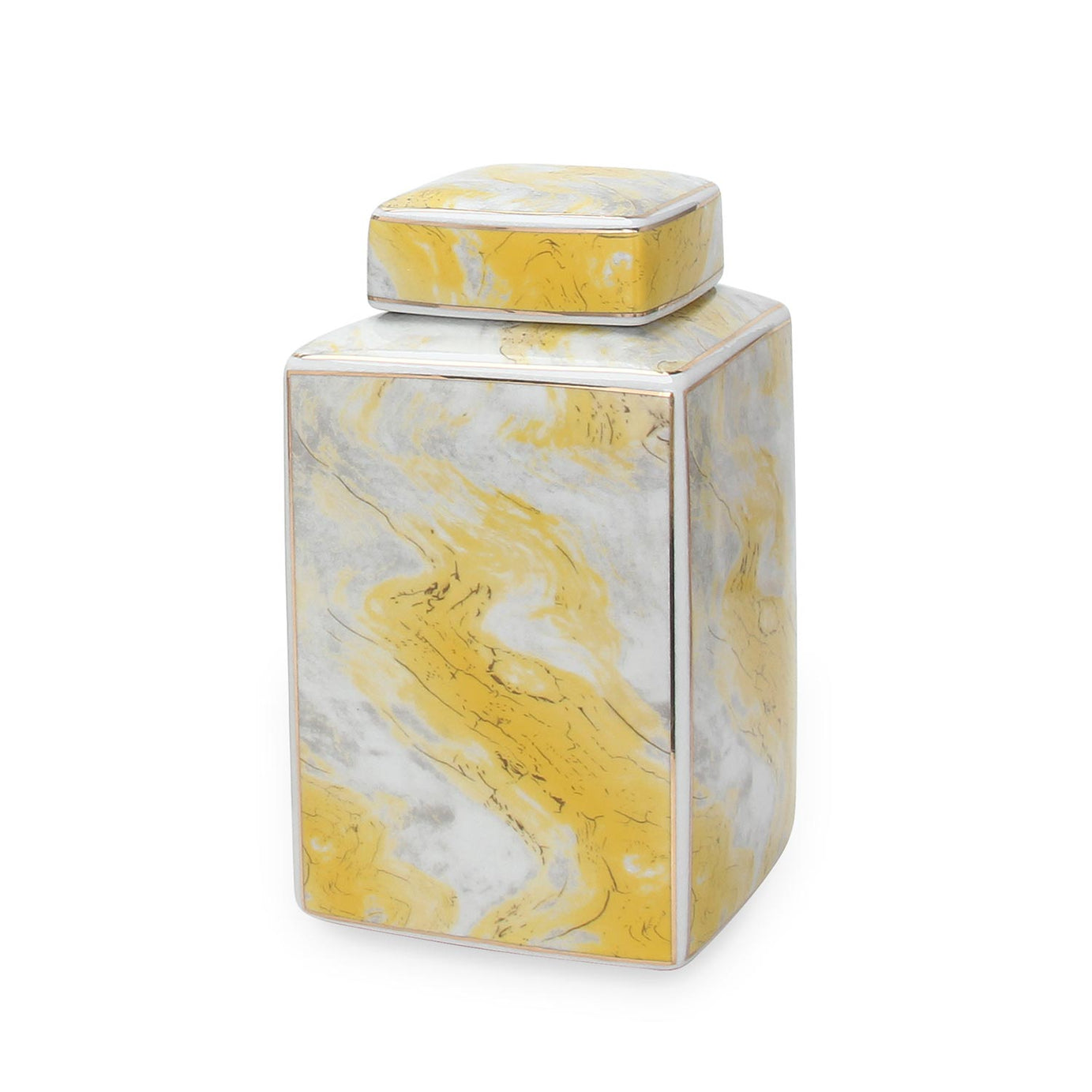 Square Glass Ginger Jar with Gold and Gray Marble Design--1