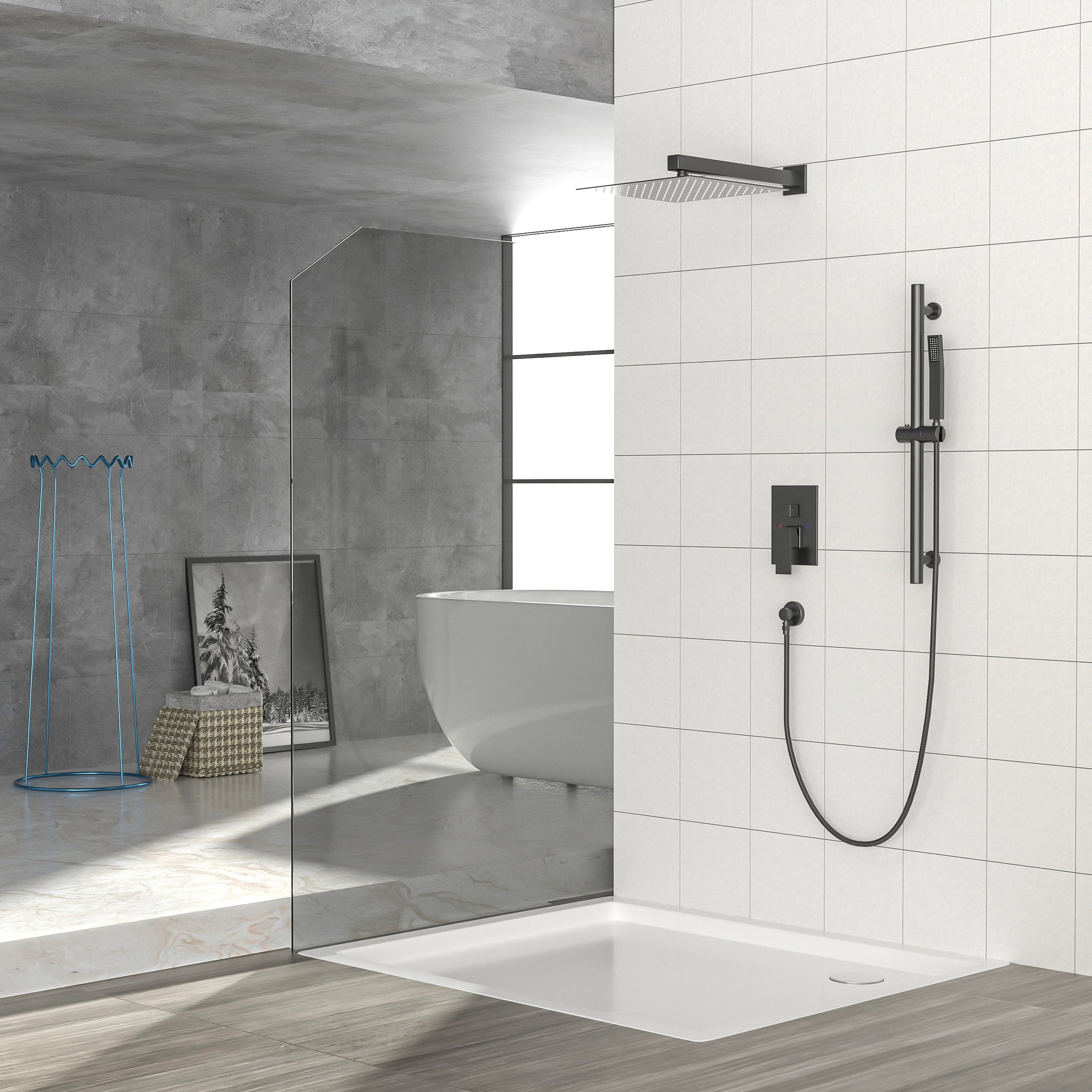 Shower System with Adjustable Slide Bar,10 Inch Wall Mounted Square Shower System with Rough-in Valve,Matte black--1