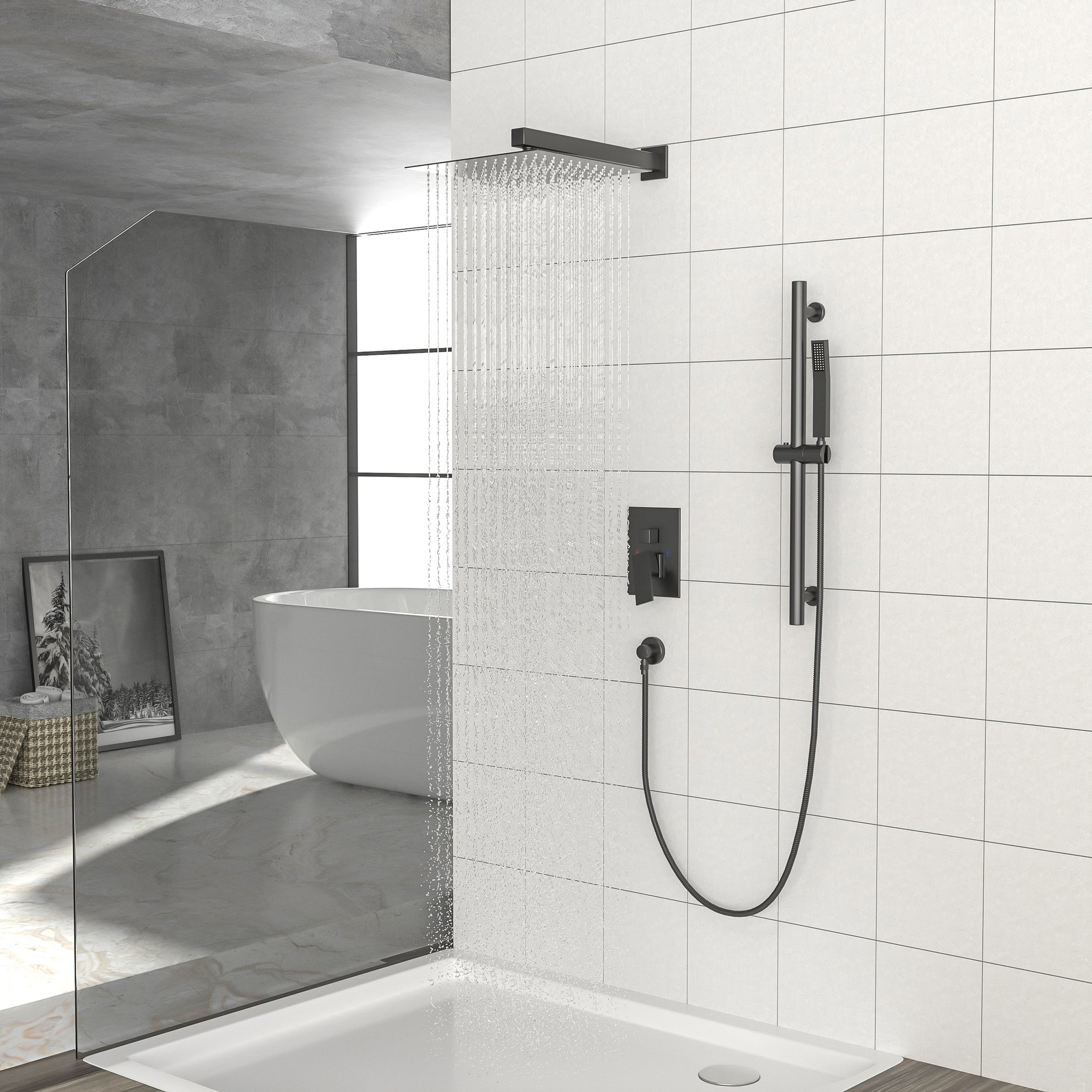 Shower System with Adjustable Slide Bar,12 Inch Wall Mounted Square Shower System with Rough-in Valve,Matte black--1