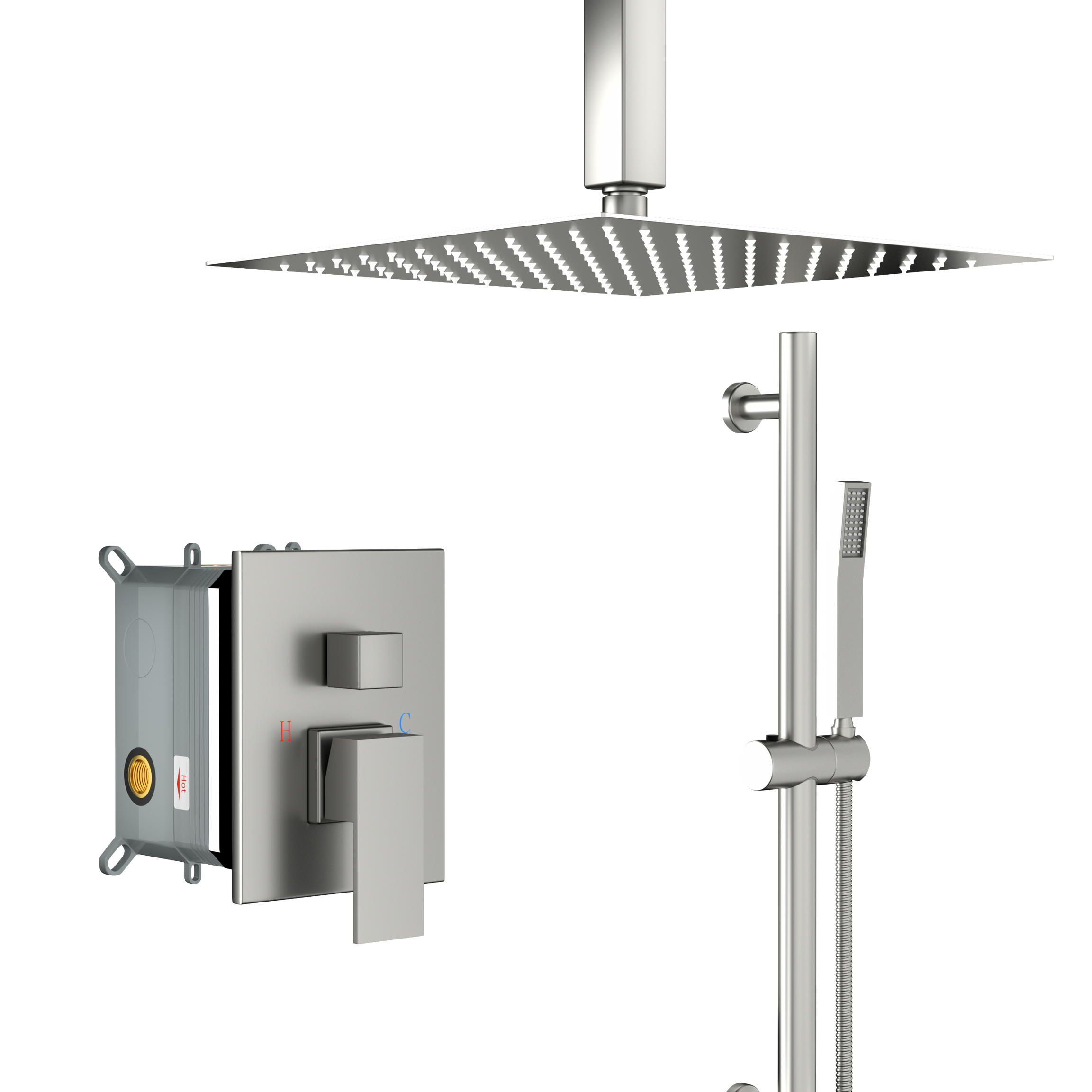 Shower System with Adjustable Slide Bar,16 Inch Ceiling Mounted Square Shower System with Rough-in Valve, Brushed Nickel--1