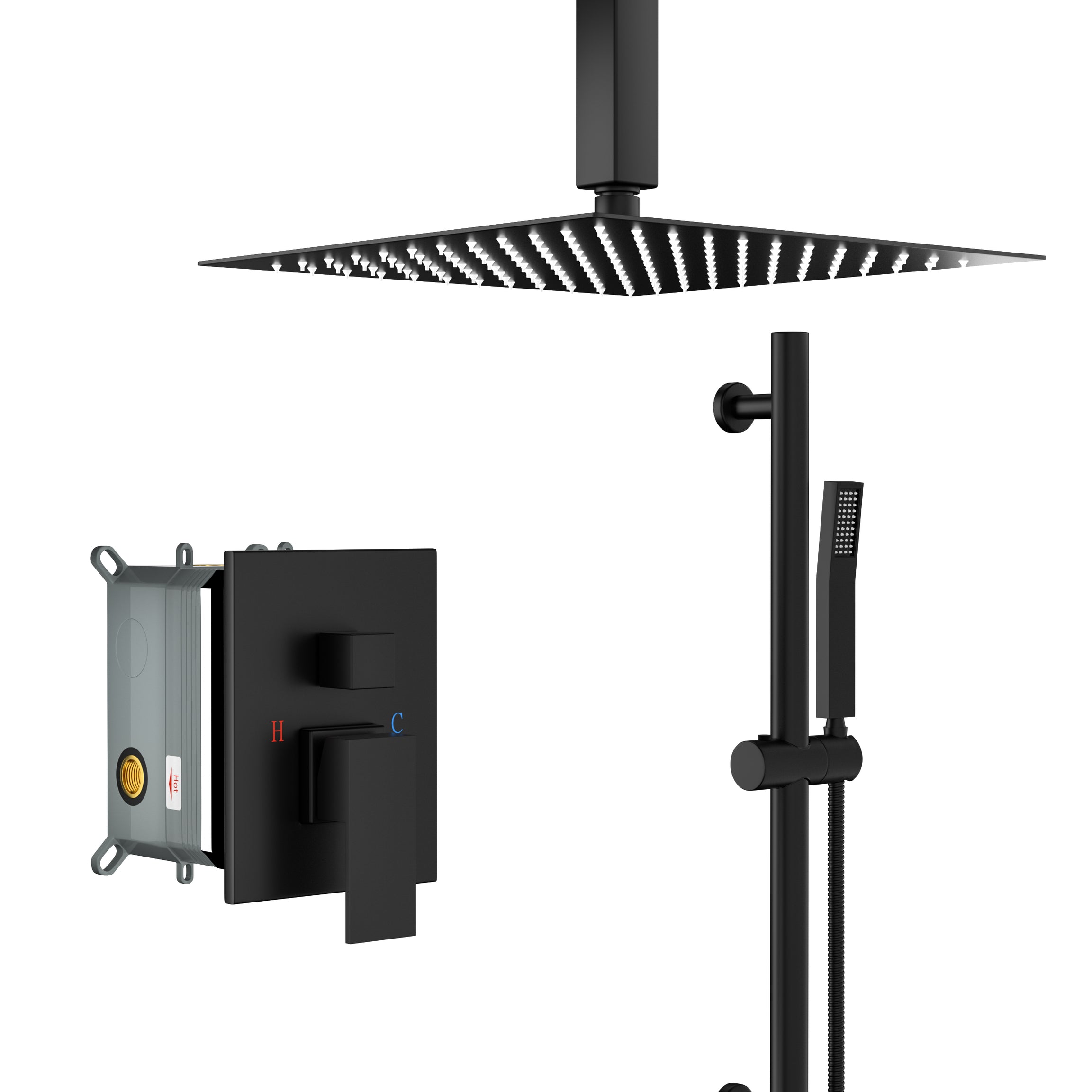 Shower System with Adjustable Slide Bar,16 Inch Ceiling Mounted Square Shower System with Rough-in Valve,Matte black--1