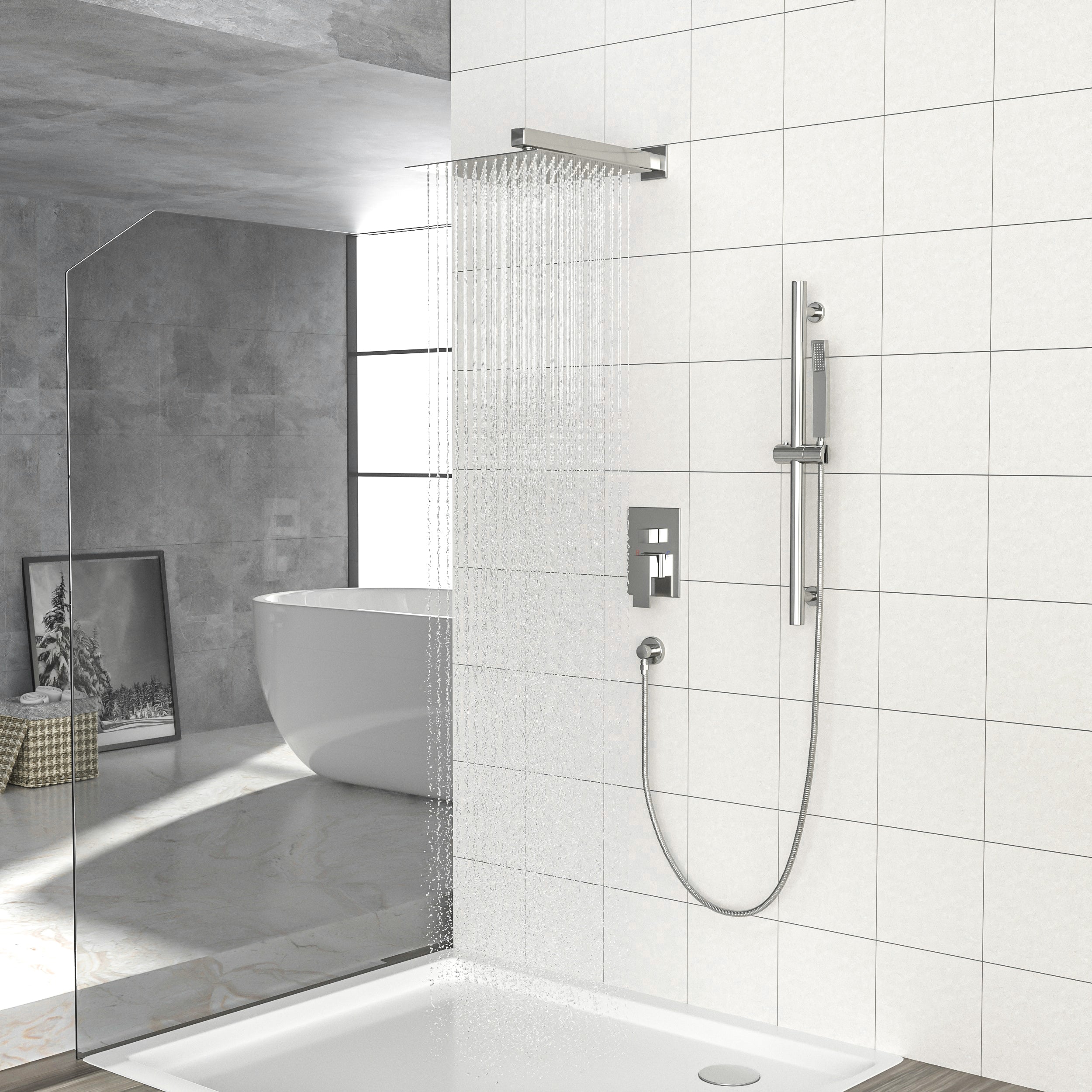 Shower System with Adjustable Slide Bar,12 Inch Wall Mounted Square Shower System with Rough-in Valve, Brushed Nickel--1