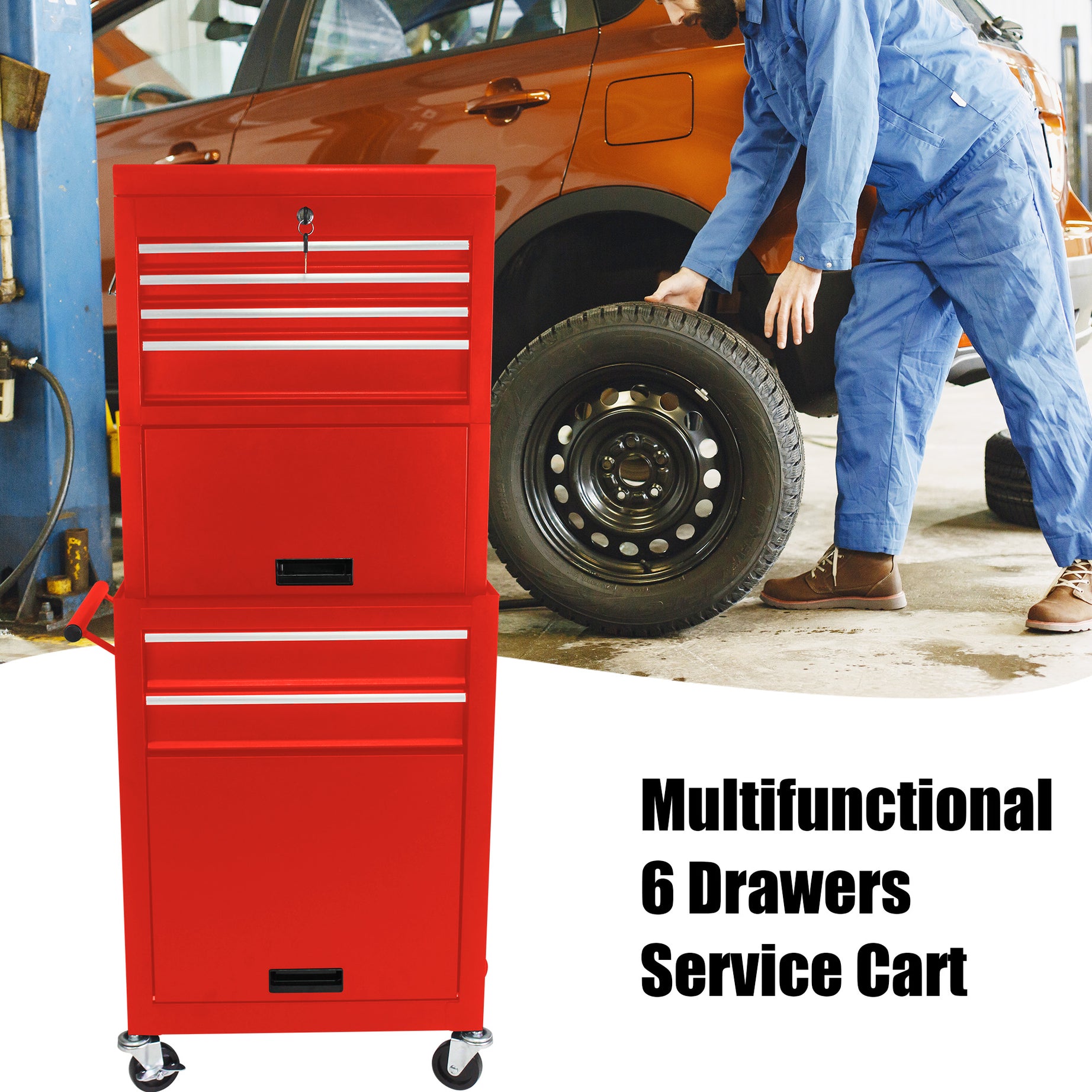 High Capacity Rolling Tool Chest with Wheels and Drawers, 6-Drawer Tool Storage Cabinet--RED--1