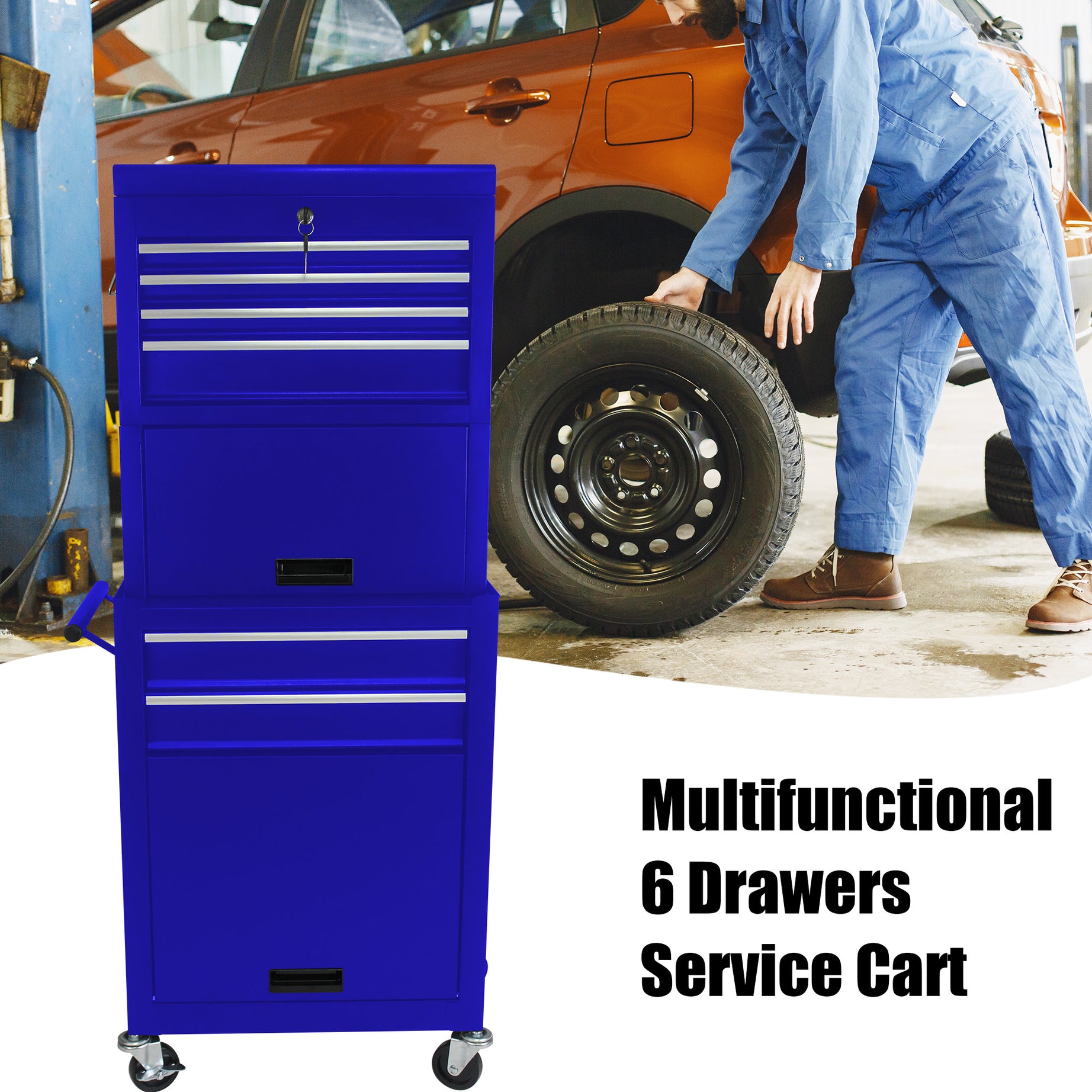 High Capacity Rolling Tool Chest with Wheels and Drawers, 6-Drawer Tool Storage Cabinet--BLUE--1