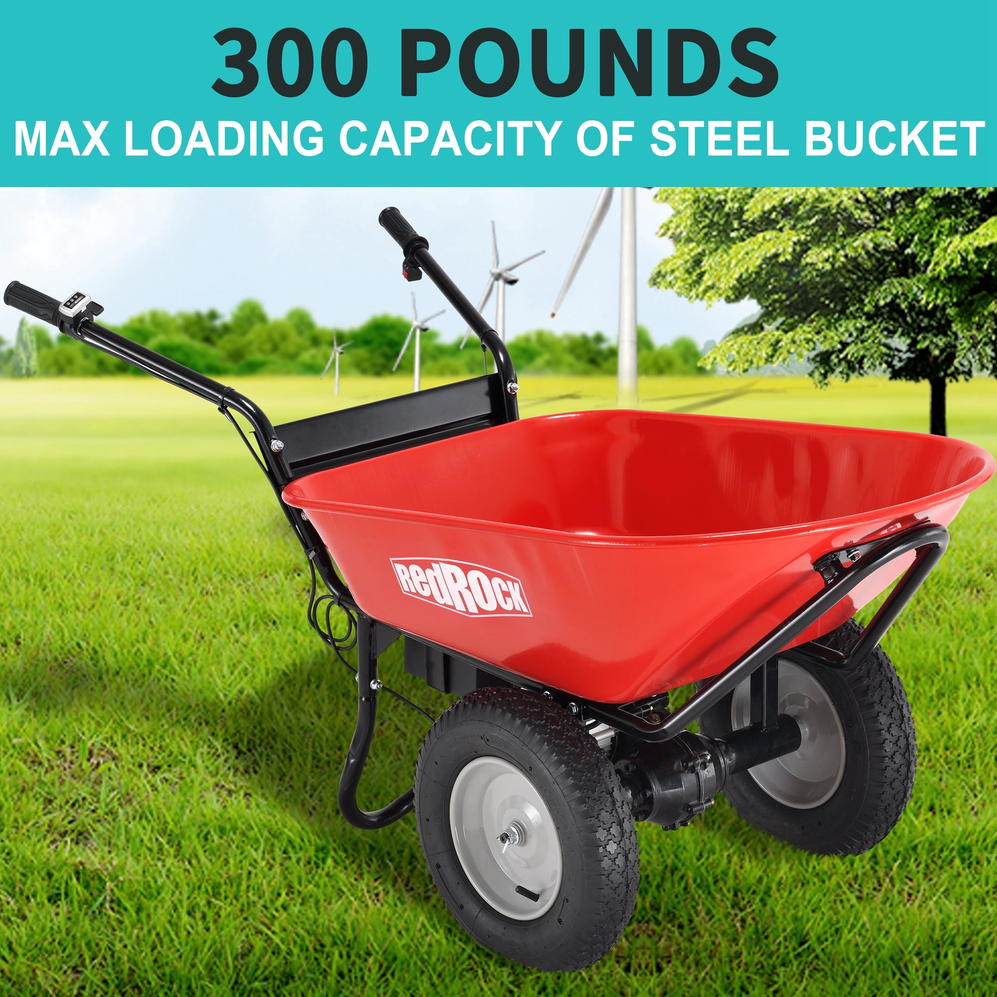 RedRock Wheelbarrow Utility Cart Electric Powered 24V DC 180W AGM Battery 330lbs (150kgs) Max Capacity Barrel Dump Material Debris Hauler--1