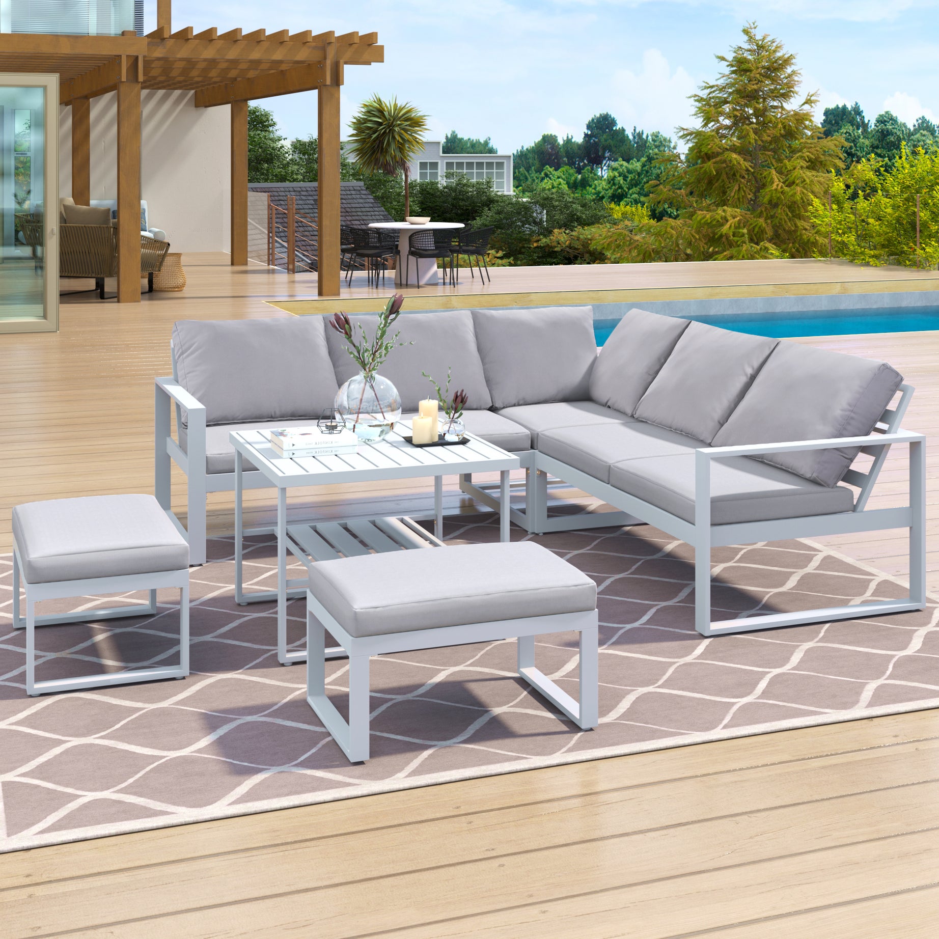 [Not allowed to sell to Wayfair]U_Style Industrial Style Outdoor Sofa Combination Set With 2 Love Sofa,1 Single Sofa,1 Table,2 Bench--1