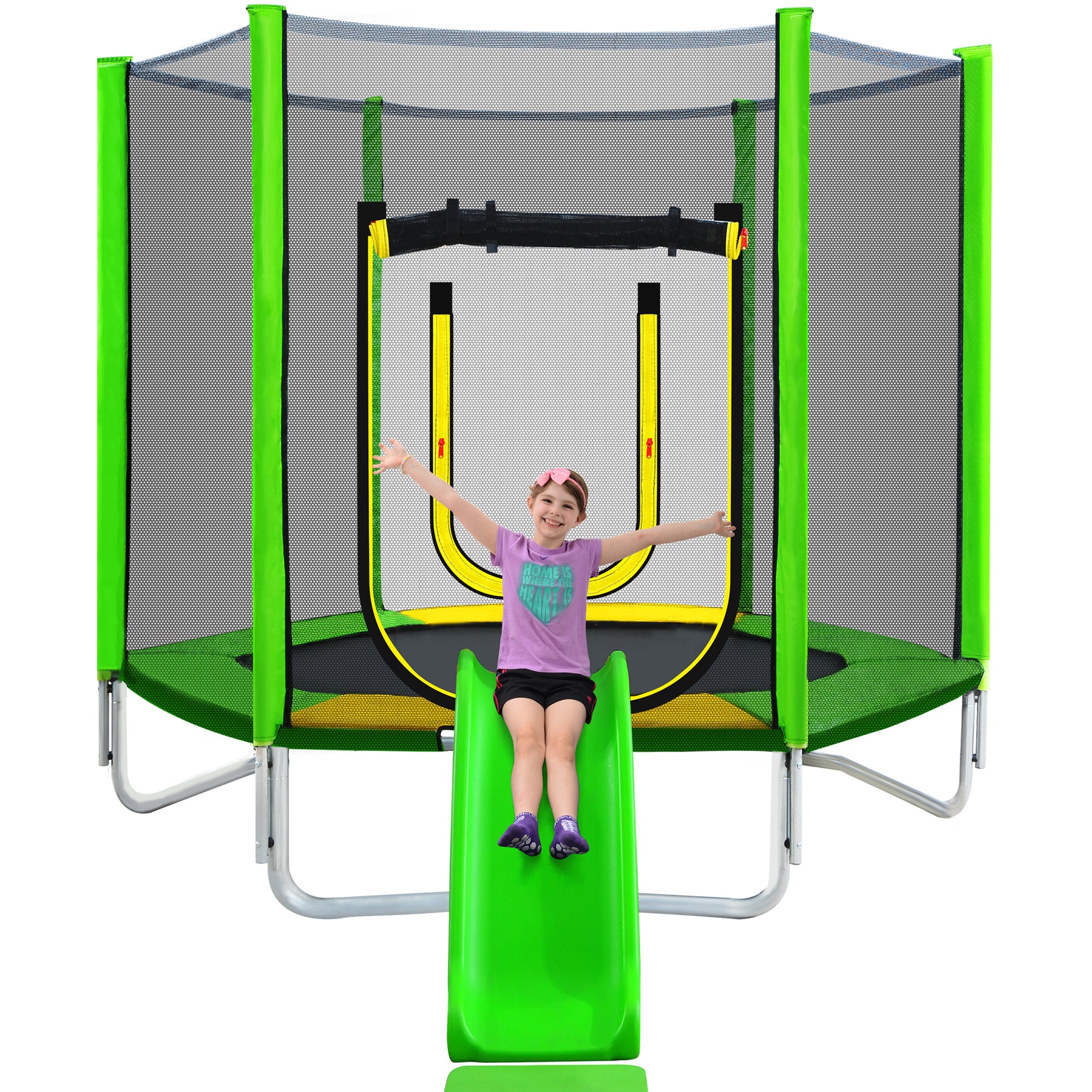 7FT Trampoline for Kids with Safety Enclosure Net, Slide and Ladder, Easy Assembly Round Outdoor Recreational Trampoline--1