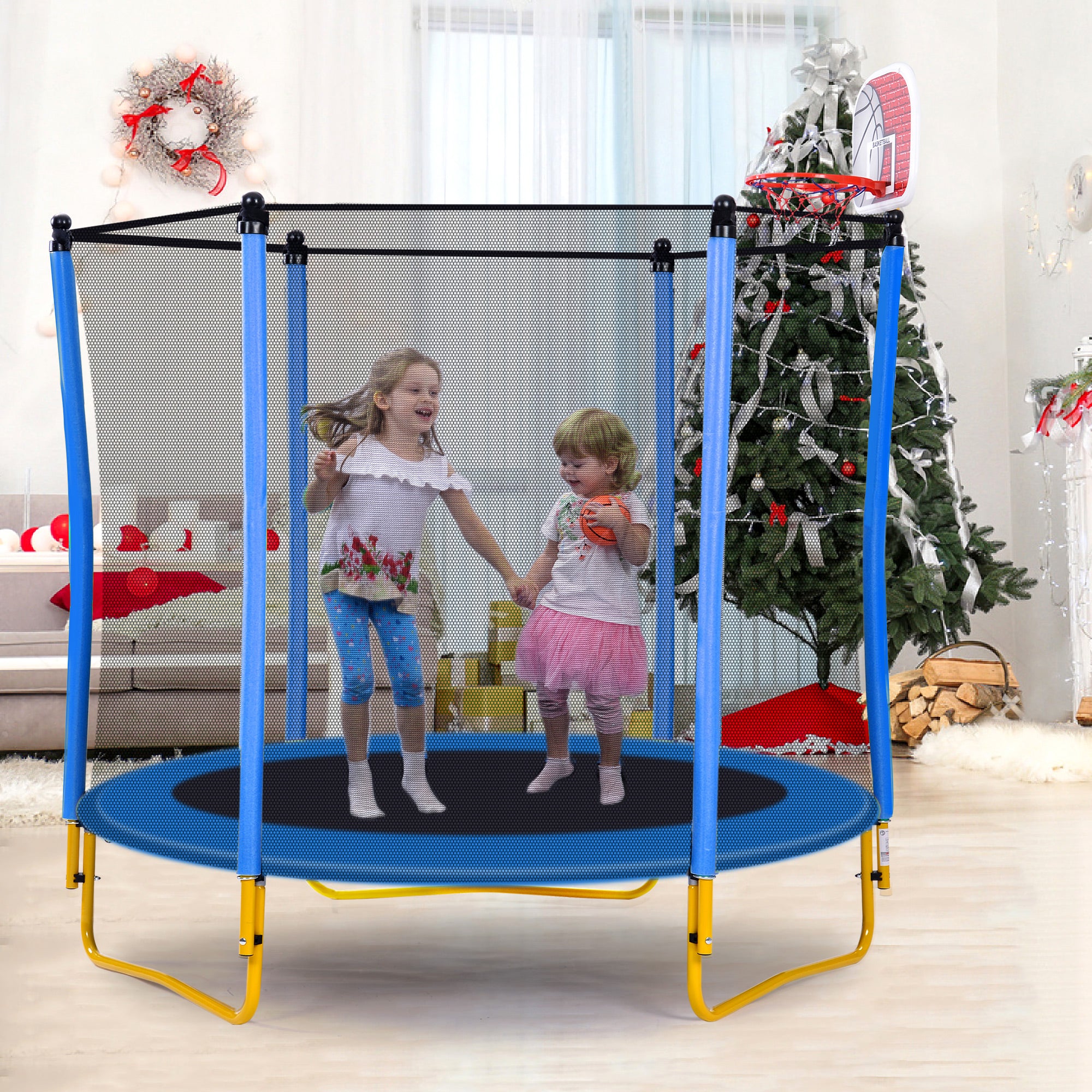 5.5FT Trampoline for Kids - 65" Outdoor & Indoor Mini Toddler Trampoline with Enclosure, Basketball Hoop and Ball Included--1