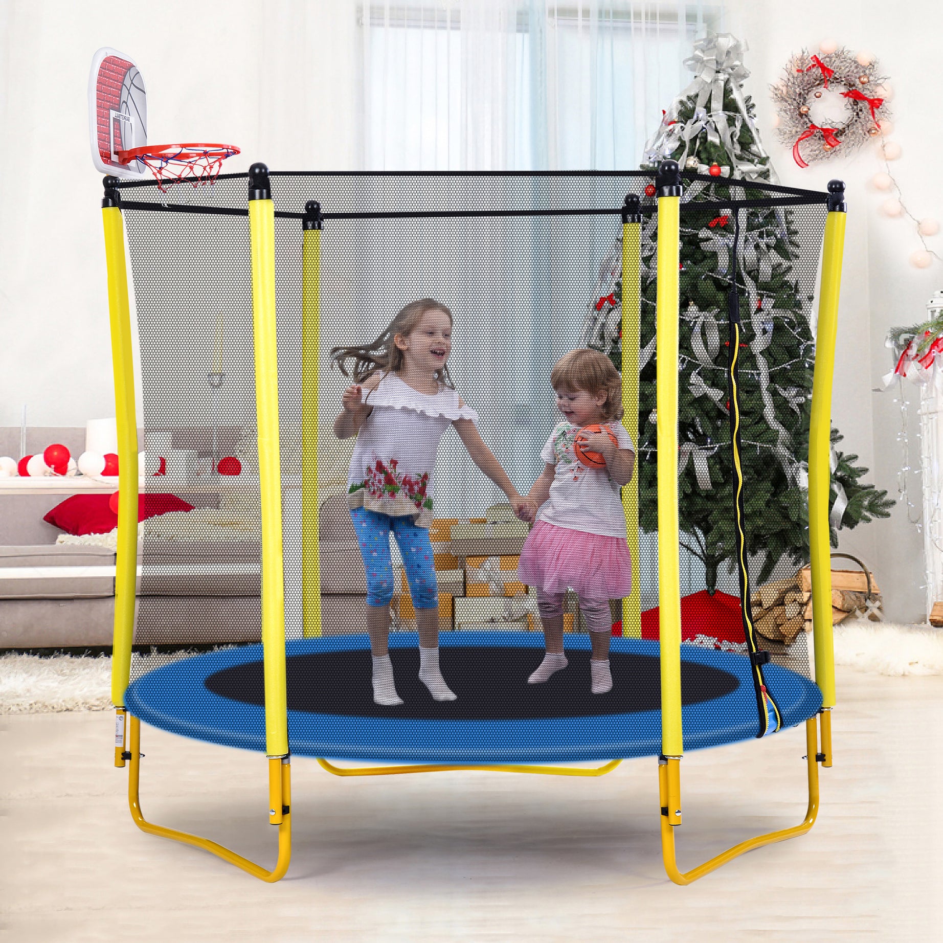 5.5FT Trampoline for Kids - 65" Outdoor & Indoor Mini Toddler Trampoline with Enclosure, Basketball Hoop and Ball Included--1