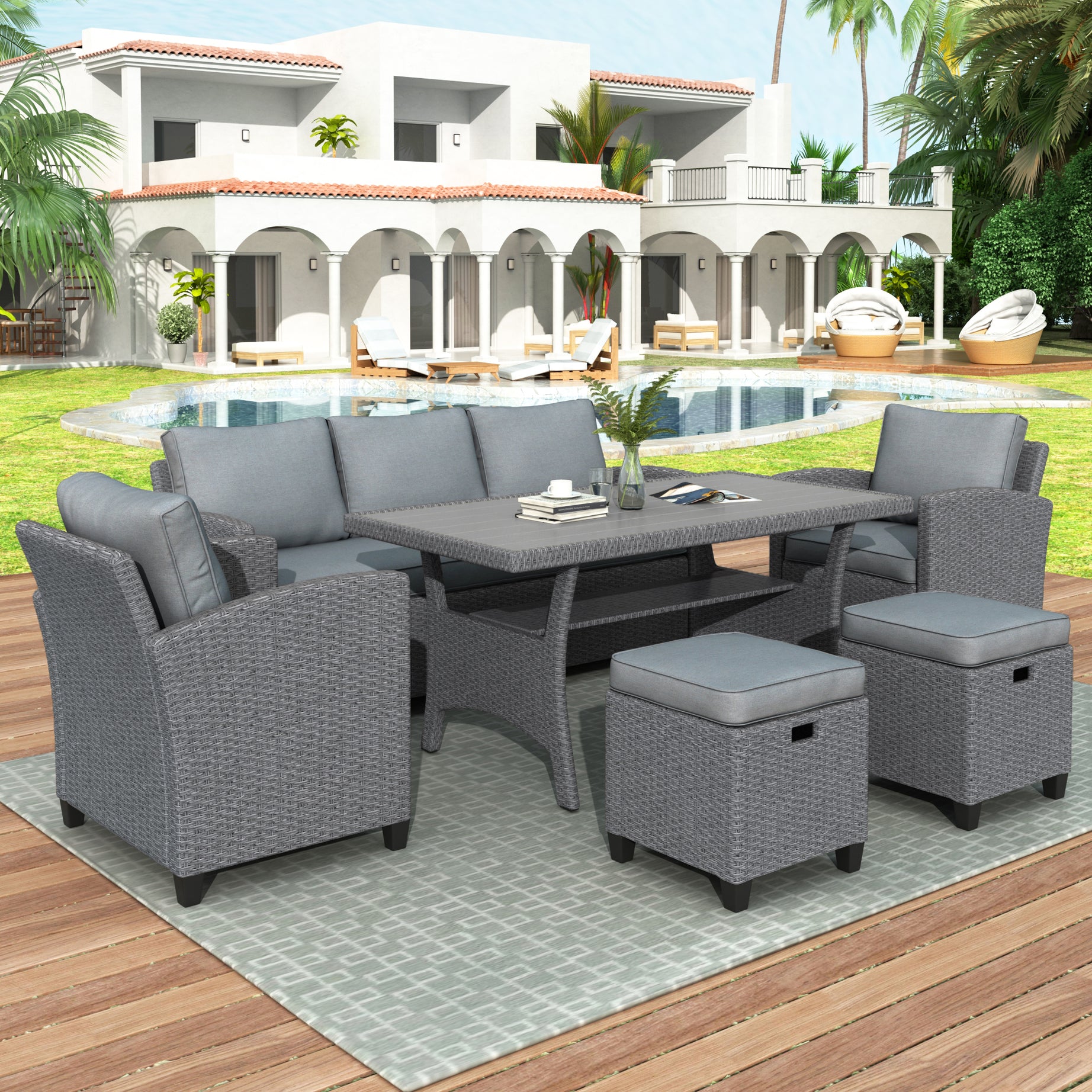 TOPMAX 6-Piece Outdoor Rattan Wicker Set Patio Garden Backyard Sofa, Chair, Stools and Table(Gray Rattan+Gray Cushion)--1