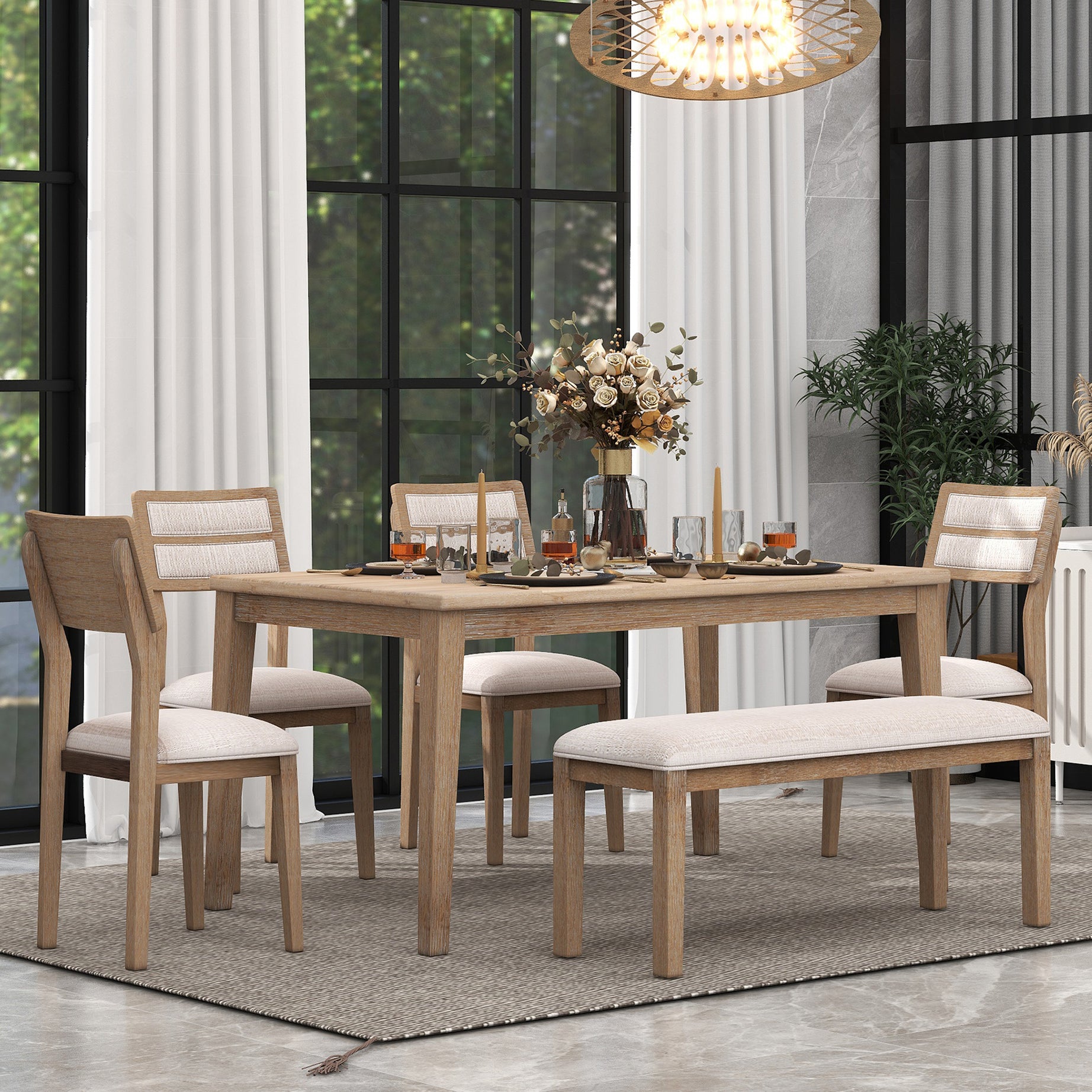 TREXM Classic and Traditional Style 6 - Piece Dining Set, Includes Dining Table, 4 Upholstered Chairs & Bench (Natural Wood Wash)--1