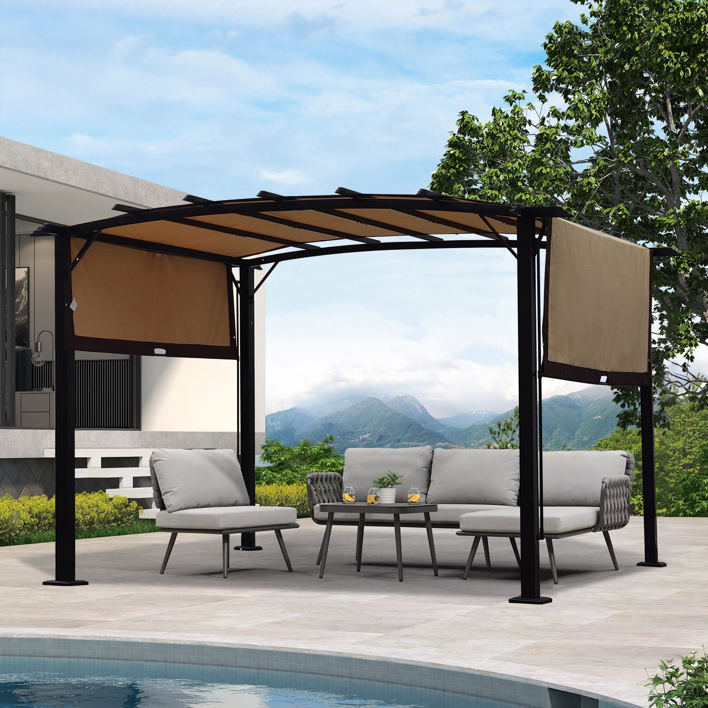 12 x 9 Ft Outdoor Pergola Patio Gazebo,Retractable Shade Canopy,Steel  Frame Grape Gazebo,Sunshelter Pergola for Gardens,Terraces,Backyard-Beige Same as W419S00017--1