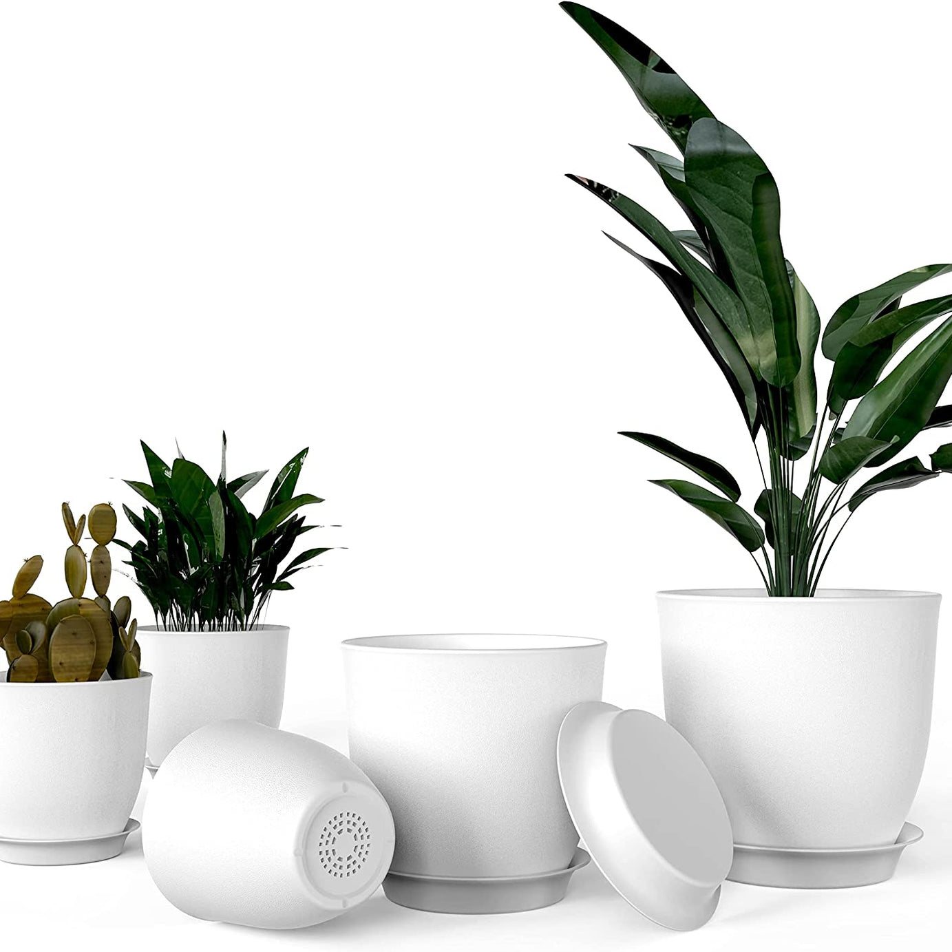 iPower Plastic Planter Pots 5 PCS Set 4.5-7.1 Inch Plant Pot Indoor Modern Decorative Nursery with Drainage Holes and Tray for All House Plants, Succulents, Flowers, Cactus or Seedling, White--1