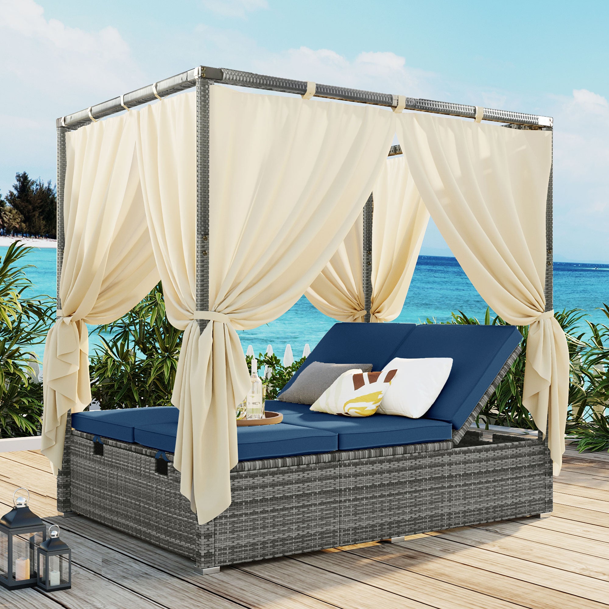 U_Style Adjustable Sun Bed With Curtain,High Comfort,With 3 Colors--1